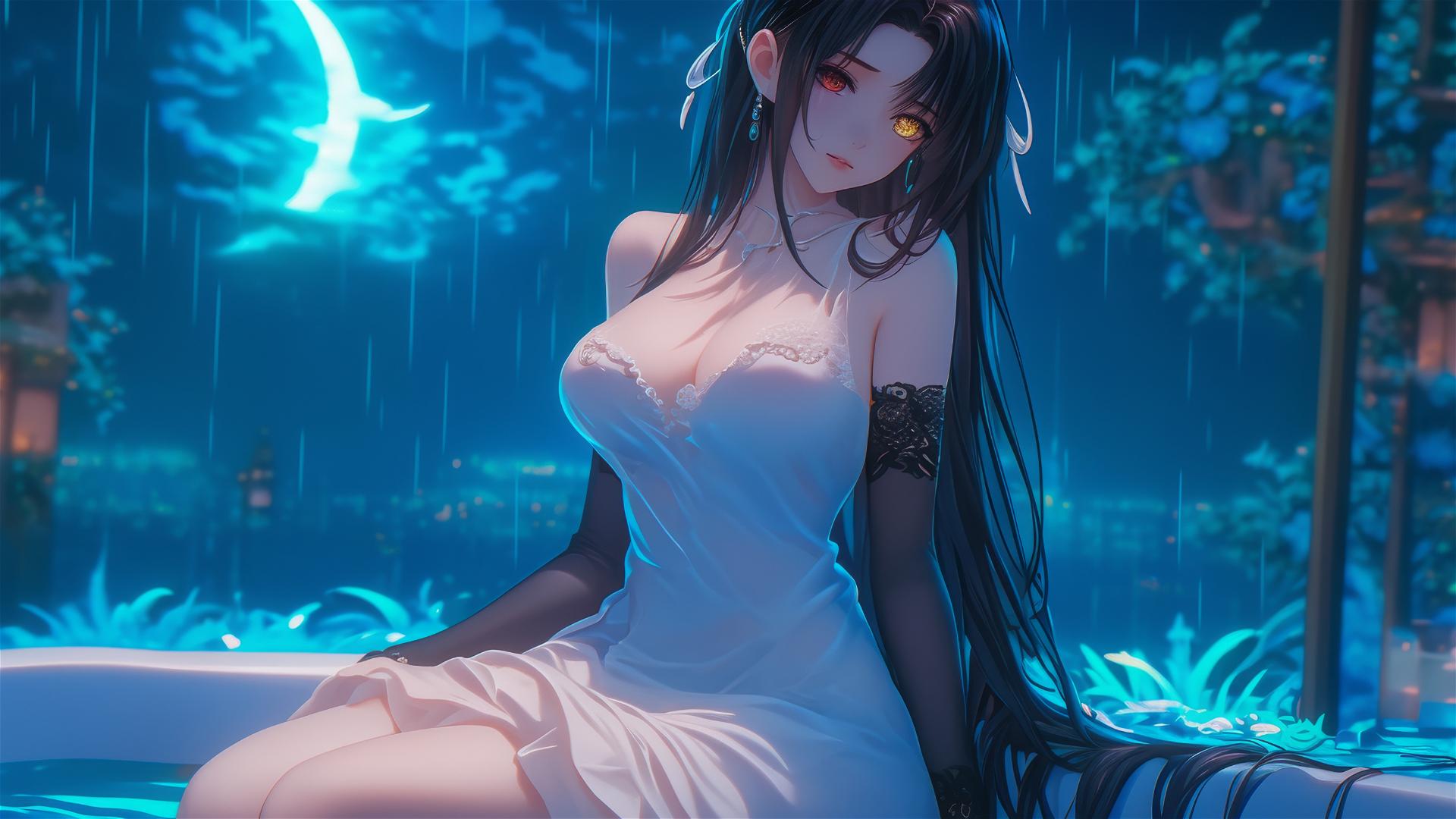 Kurumi Tokisaki resting in a tub, moonlight glow, red and yellow eyes.