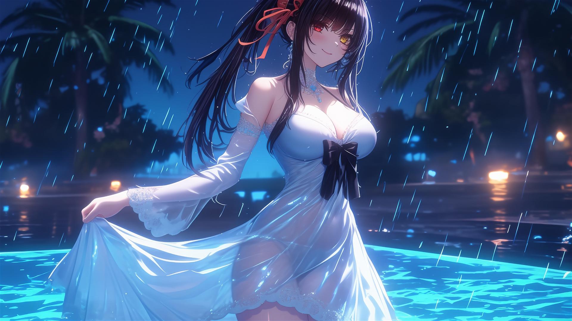 Kurumi Tokisaki standing in a rainy pool, moonlight glow, white dress, red and yellow eyes