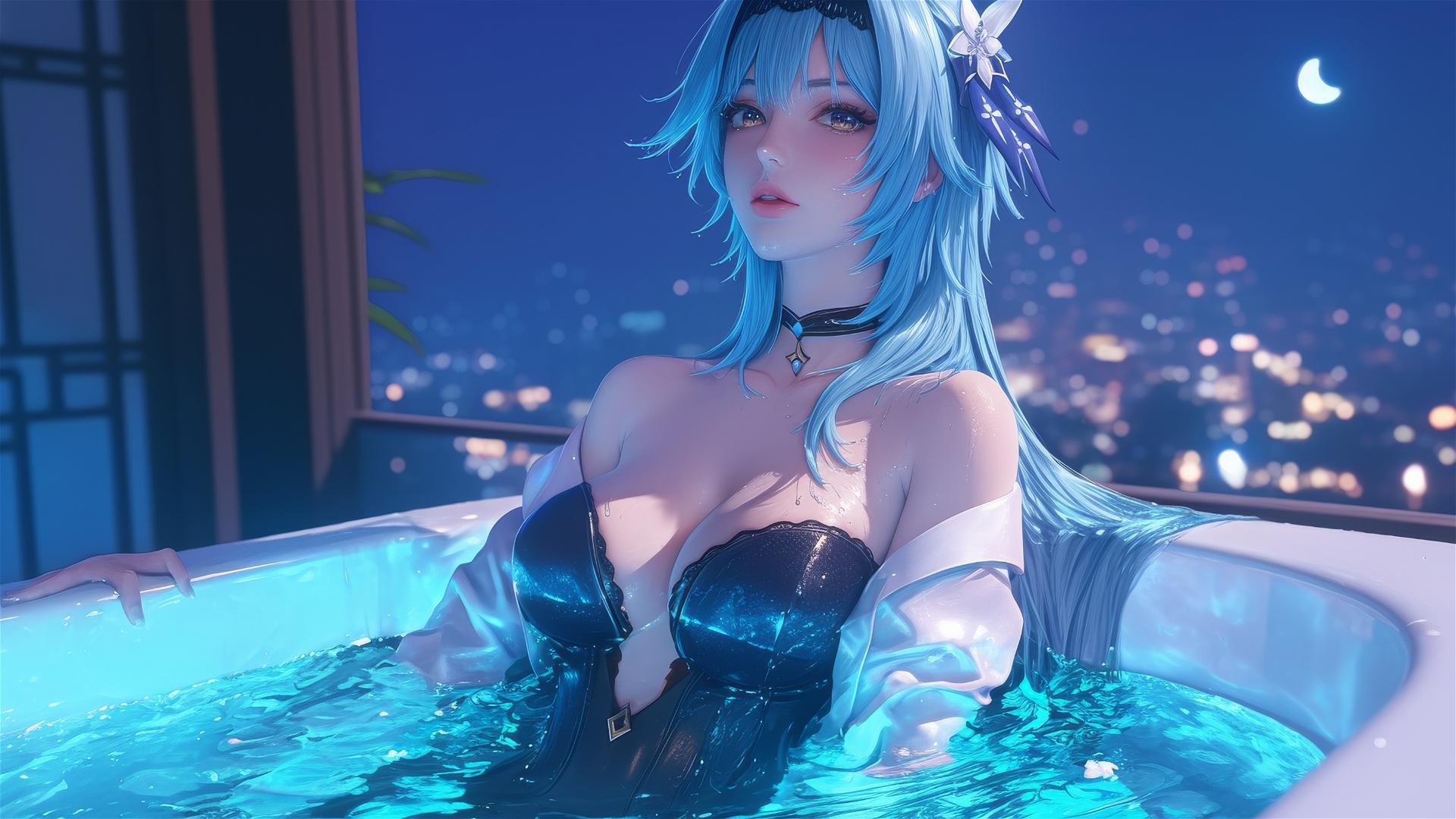 Eula Lawrence from Genshin Impact resting in a tub with moonlight glow
