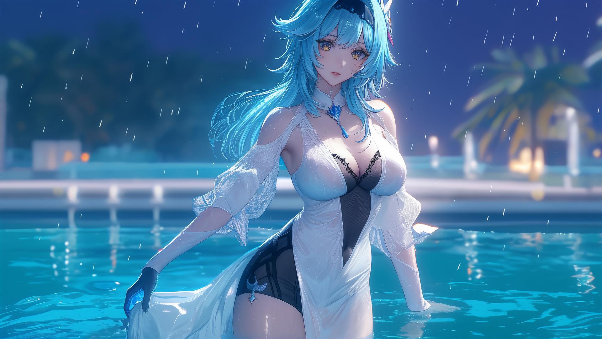 Eula Lawrence in pure white dress standing in rainy swimming pool under moonlight