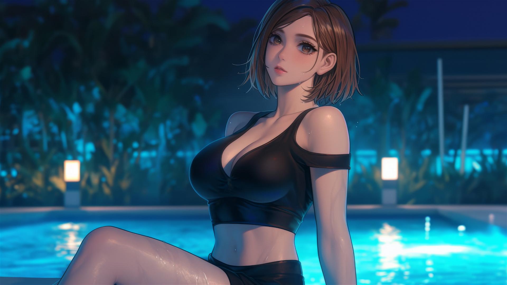 Nobara Kugisaki from Jujutsu Kaisen resting by rainy pool under moonlight