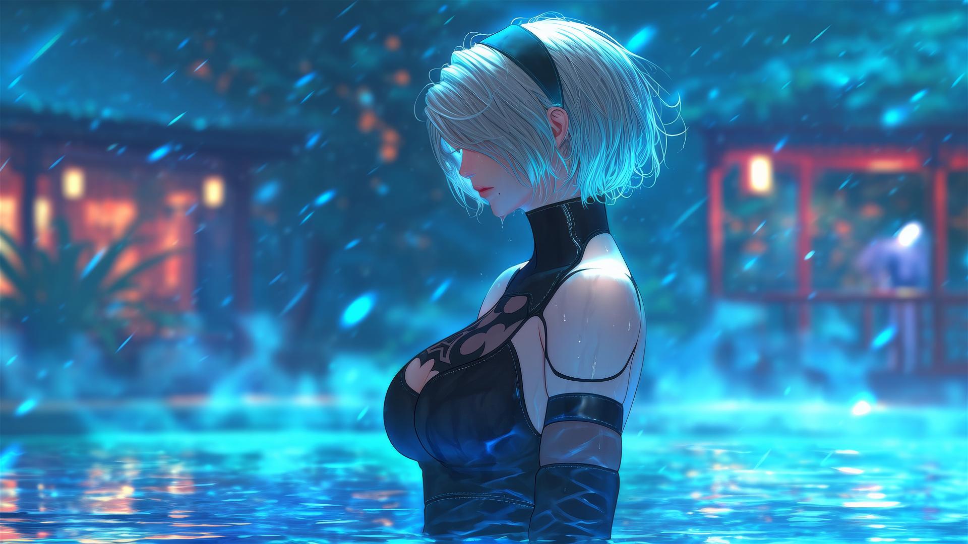 2B from Nier standing at a rainy swimming pool with moonlight glow.