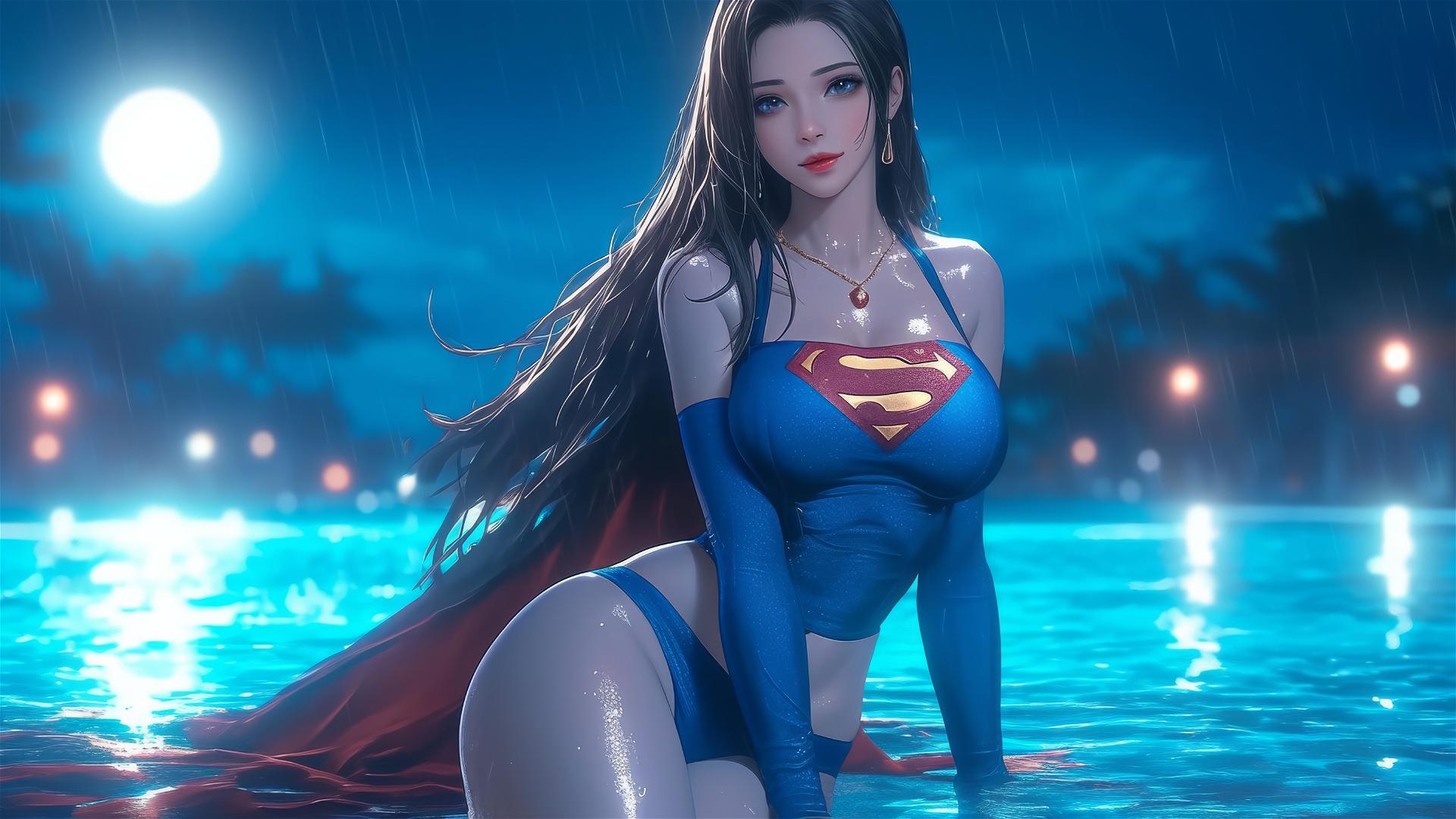 Superwoman leisurely resting at rainy swimming pool with moonlight glow