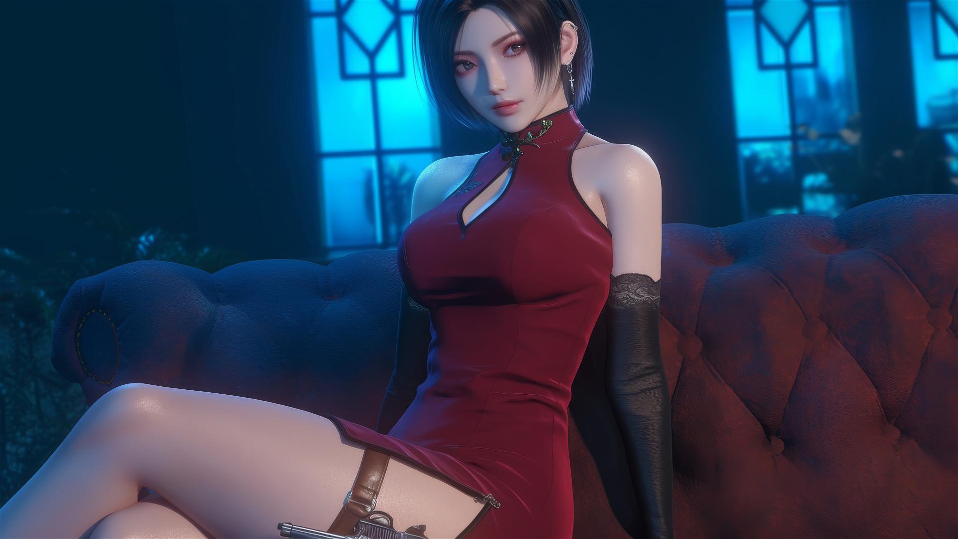 Ada Wong in a modern hotel room with moonlight glow