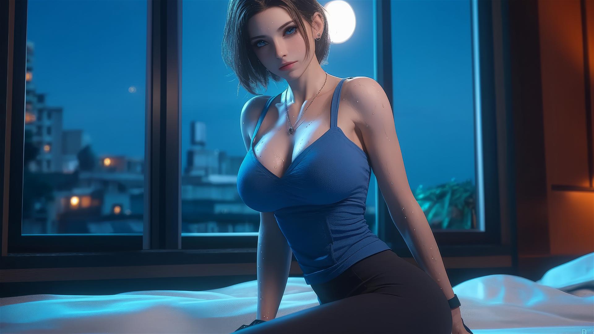 Jill Valentine from Resident Evil panting heavily in a modern hotel room, moonlight casting a soft glow.