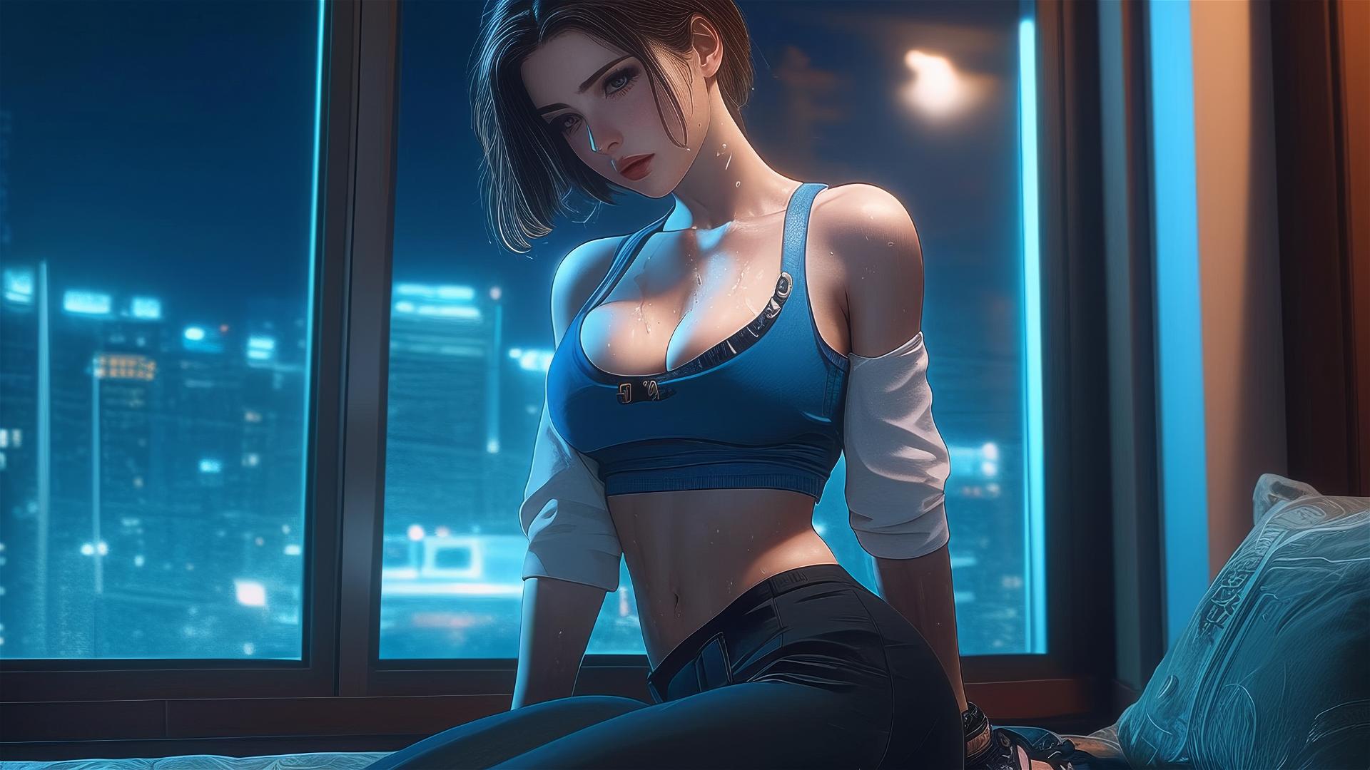 Jill Valentine from Resident Evil panting heavily in a modern hotel room, moonlit
