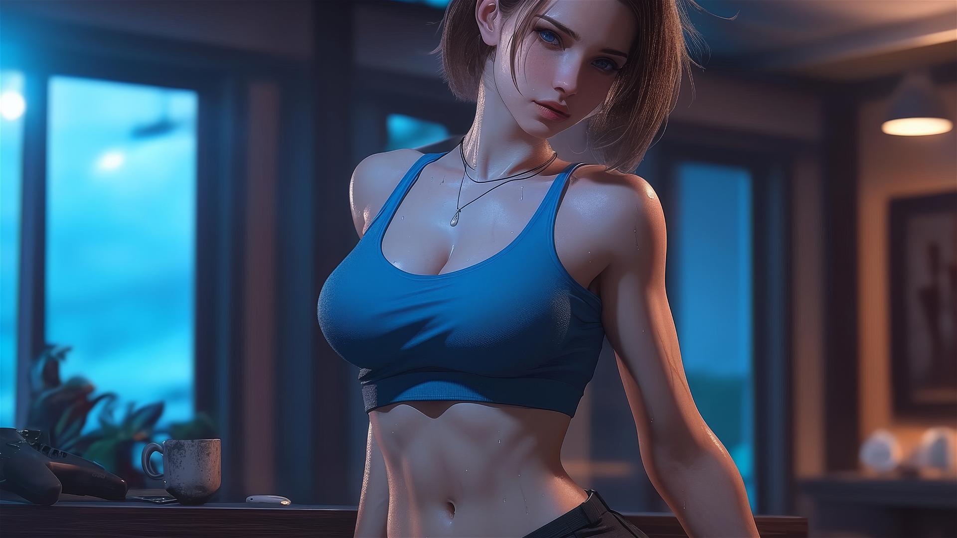 Jill Valentine exhausted in a modern hotel room with moonlight.