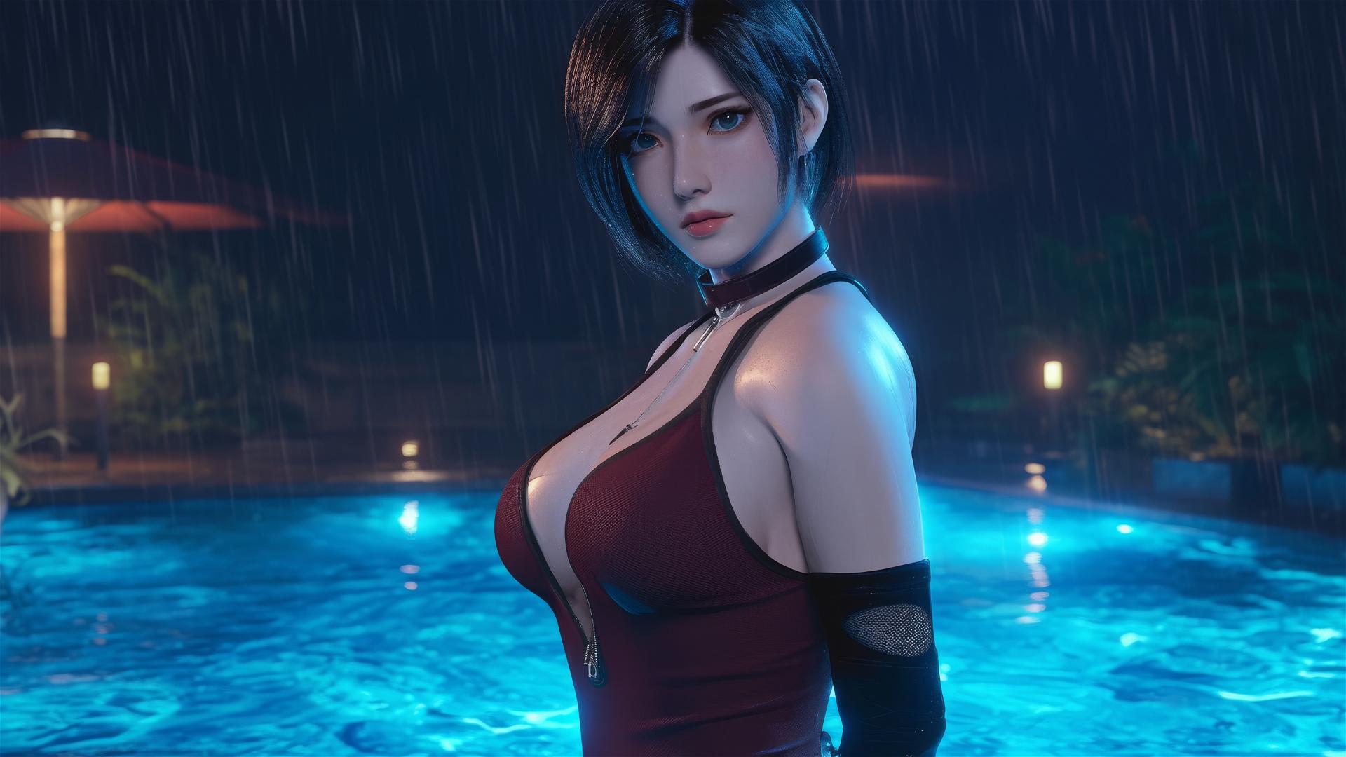 Ada Wong standing in a rainy swimming pool, moonlight casting a soft glow