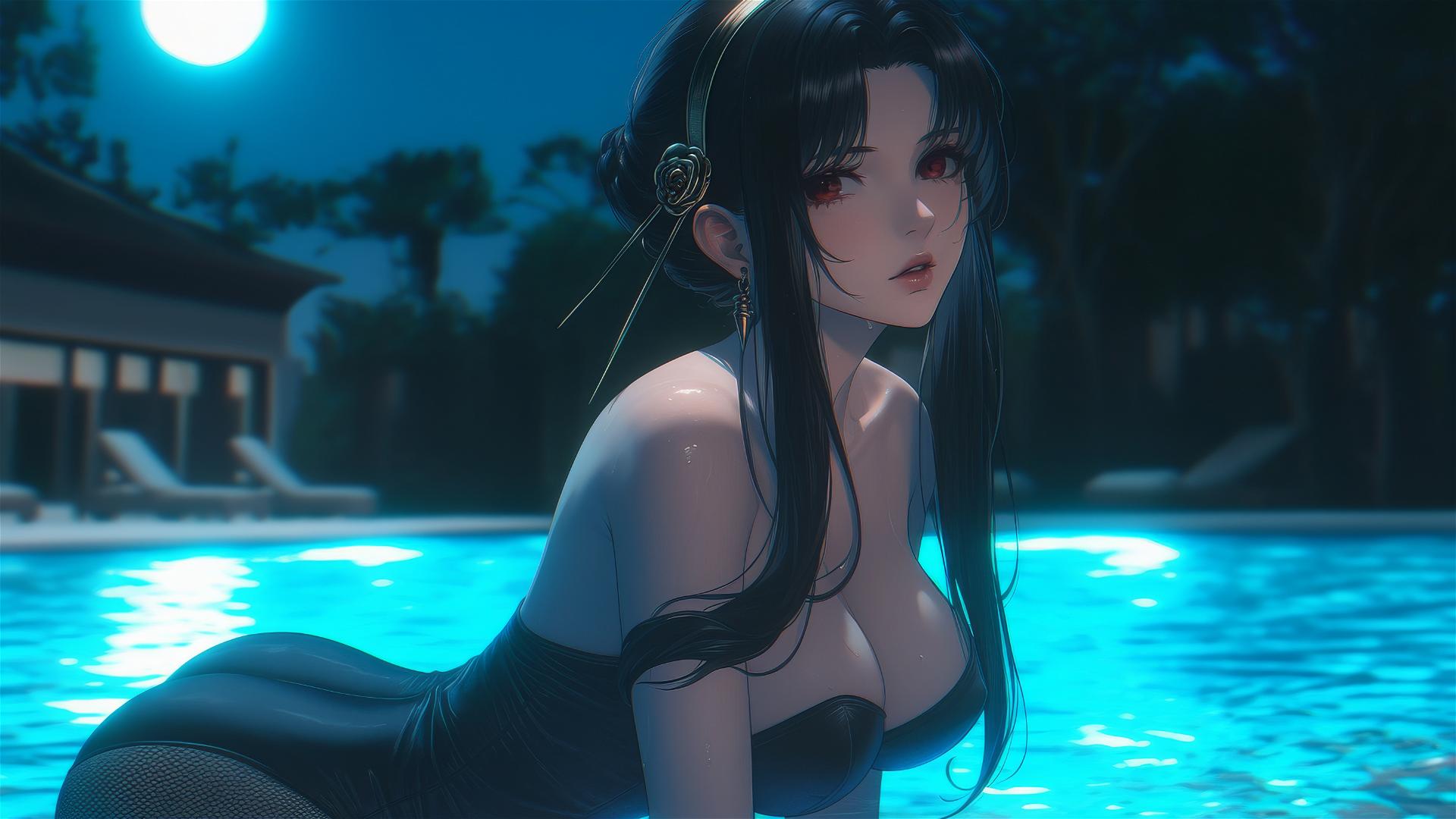 Yor Forger in bunny girl outfit resting by pool under moonlight
