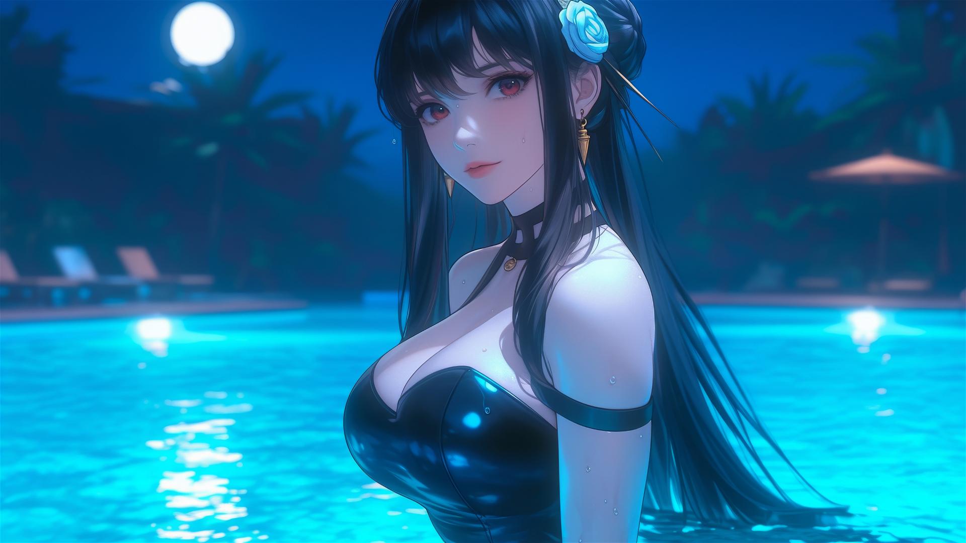 Yor Forger from Spy x Family as a bunny girl, standing in a pool under moonlight.
