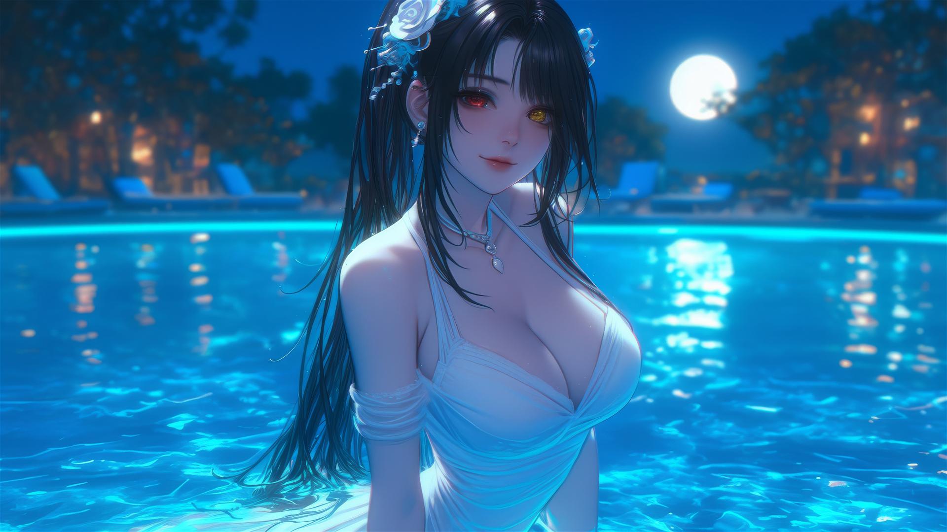 Kurumi Tokisaki standing in a rainy pool under moonlight, wearing a pure white dress.