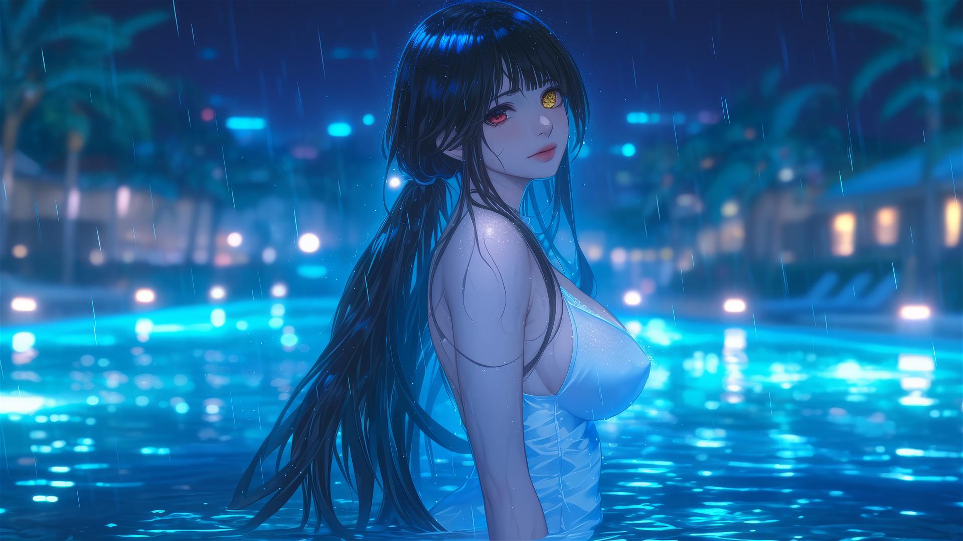 Kurumi Tokisaki from Date A Live standing in a moonlit, rainy swimming pool