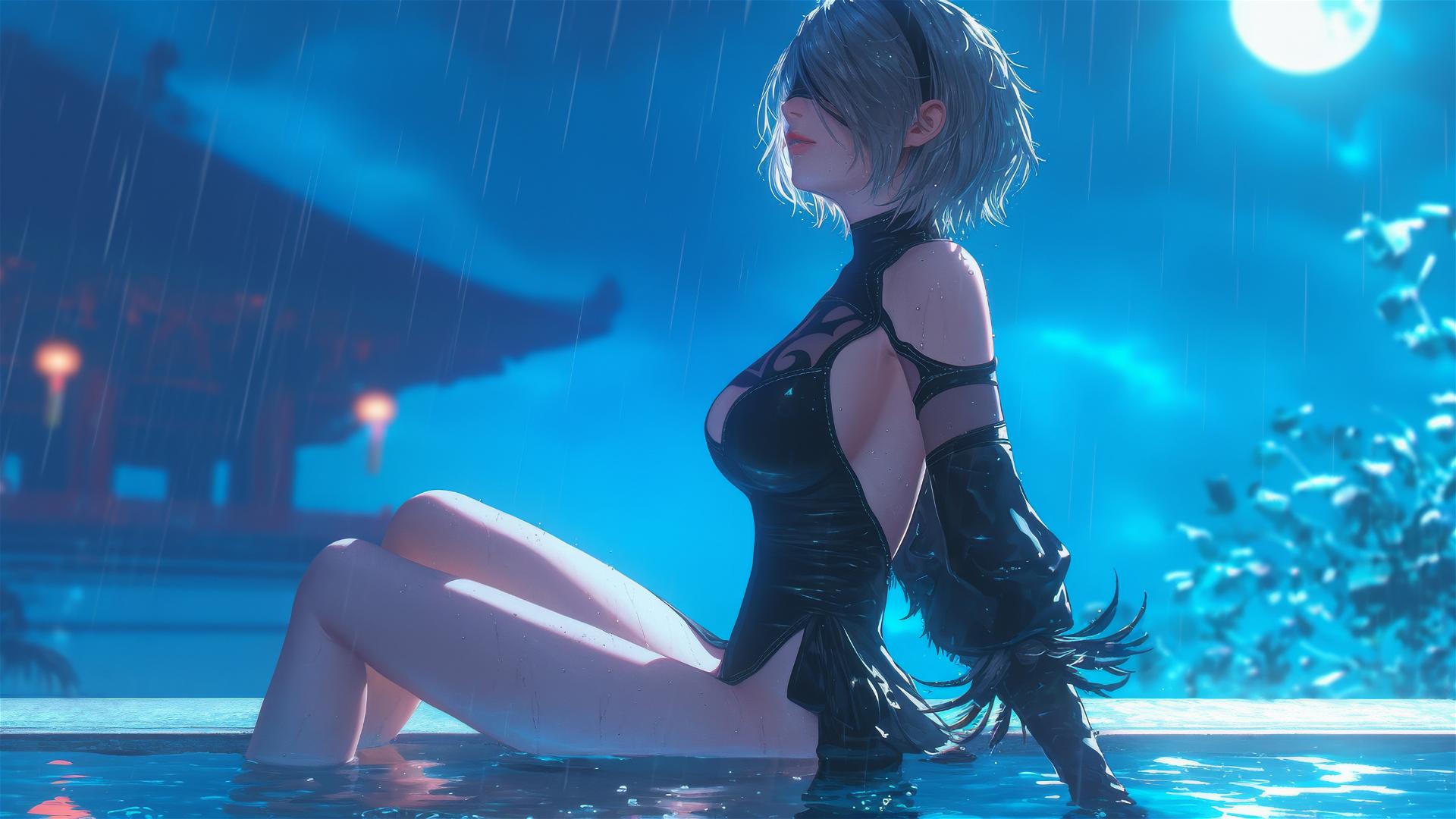 2B from Nier sitting with relaxed posture at a rainy swimming pool under moonlight