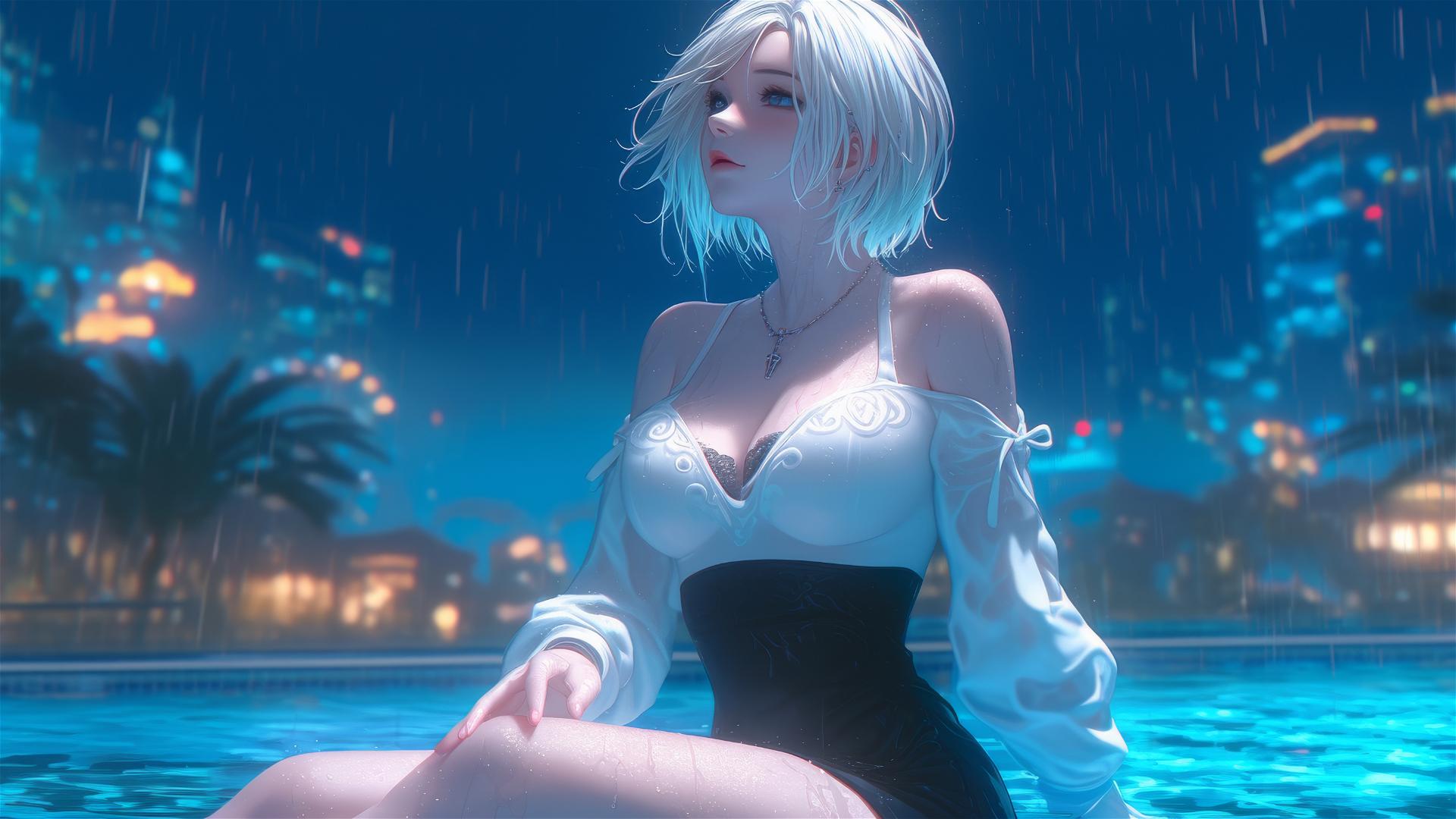 2B from Nier in white casual clothing sitting at a rainy pool under moonlight