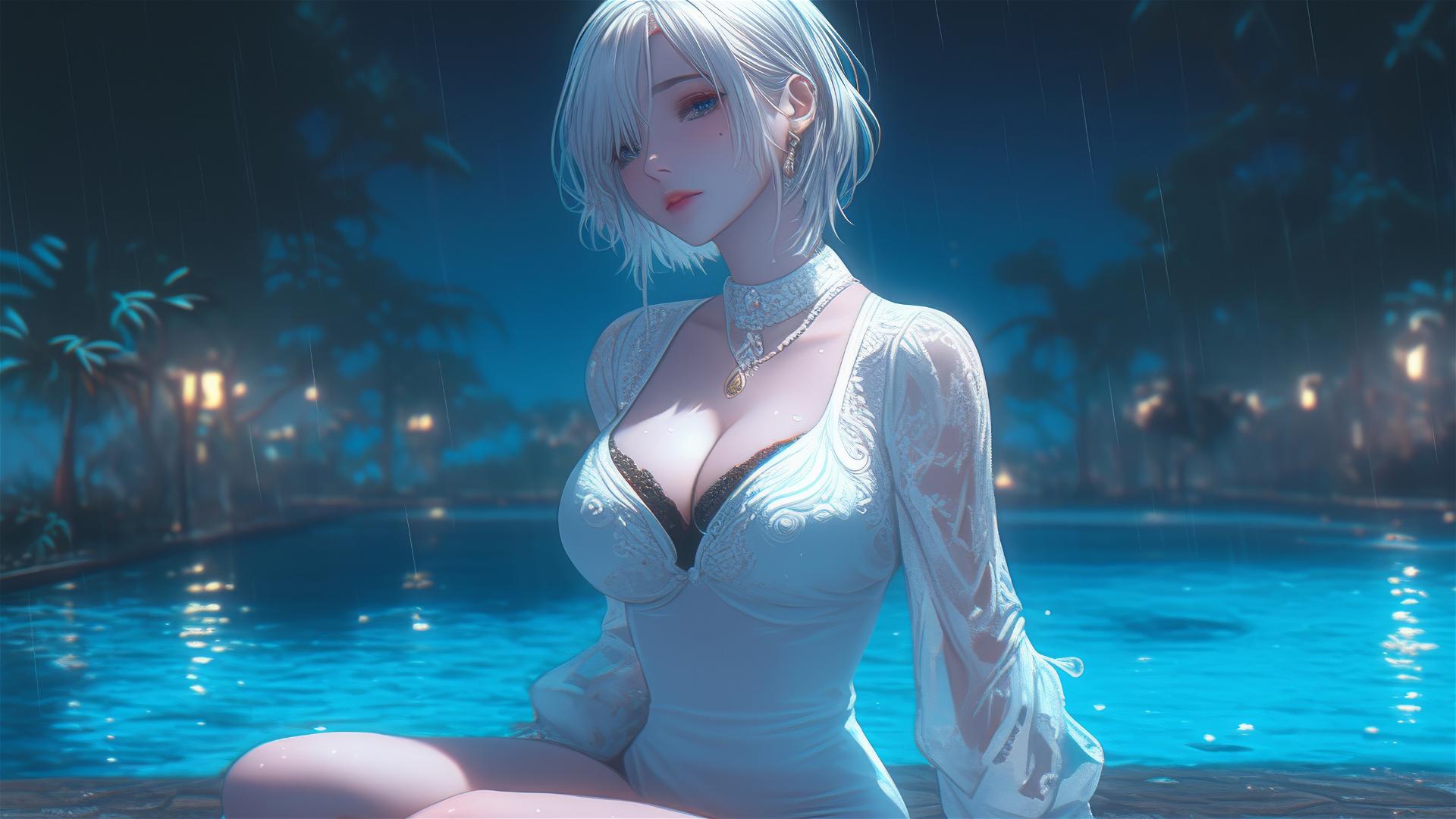 2B from Nier in pure white casual clothing, relaxing at a rainy pool with moonlight.