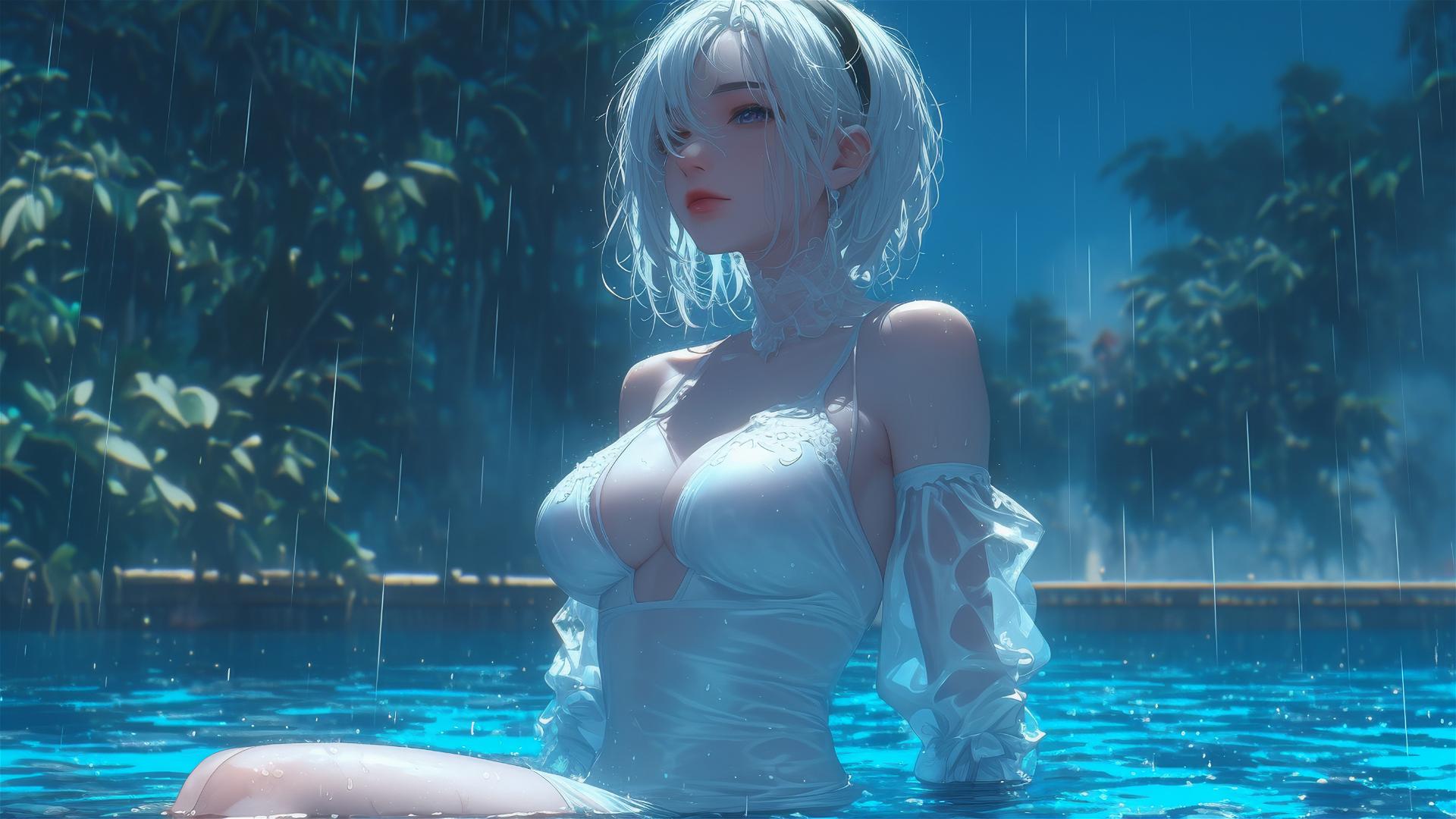 2B from Nier dressed in white, sitting relaxed by a rainy pool with moonlight glow.