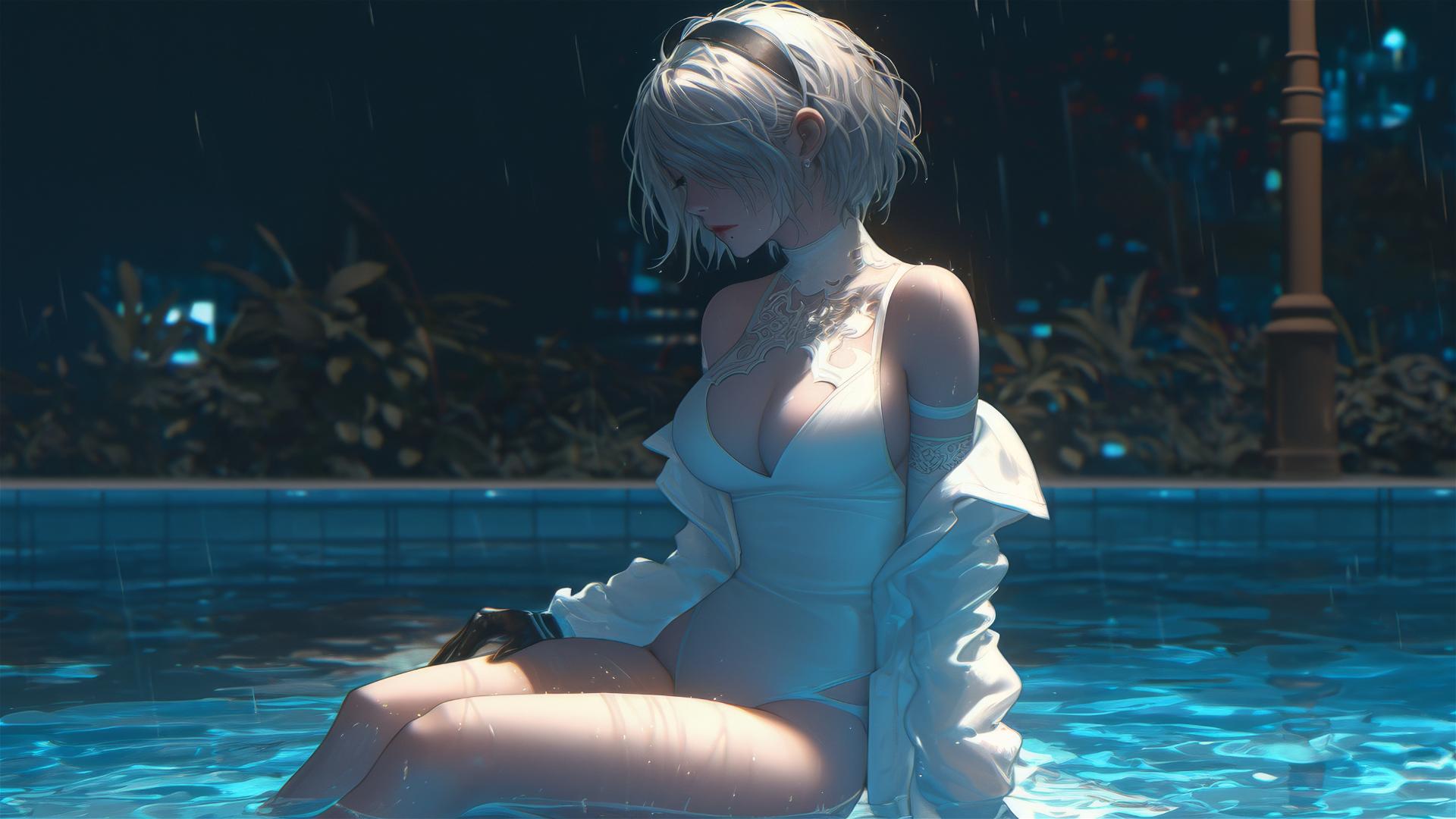 2B from Nier in white, relaxed sitting by a rainy pool with moonlight.