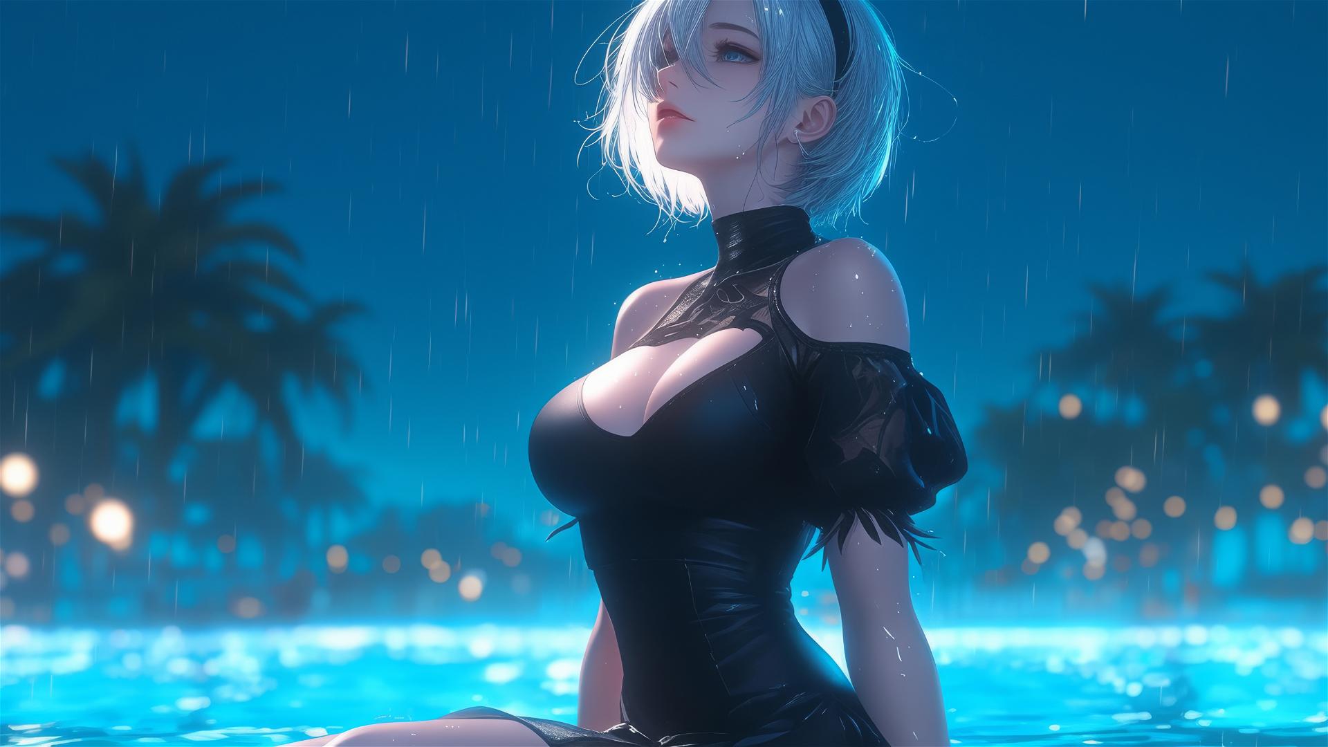 2B from Nier in casual attire, sitting relaxed by a rainy pool under moonlight