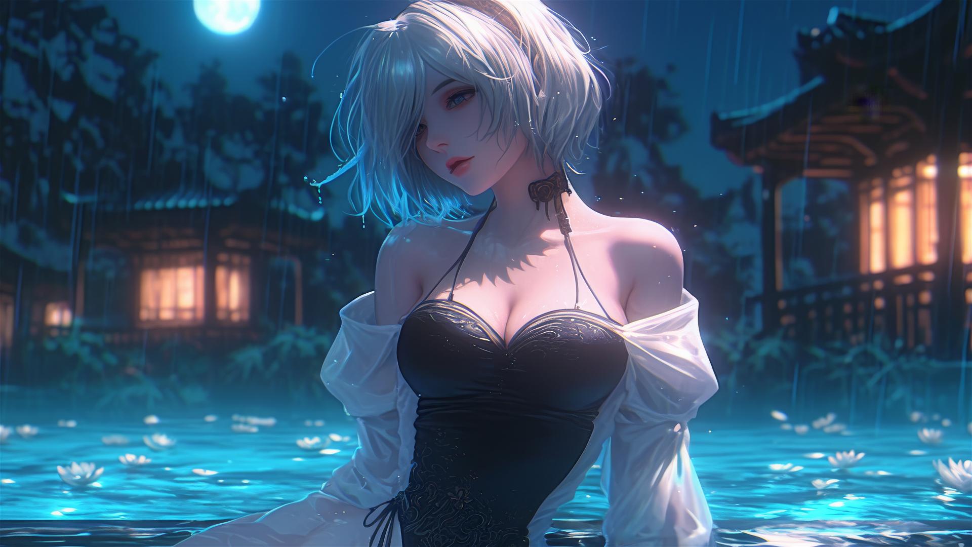 2B from Nier in pure white clothing, sitting by a rainy swimming pool under moonlight.