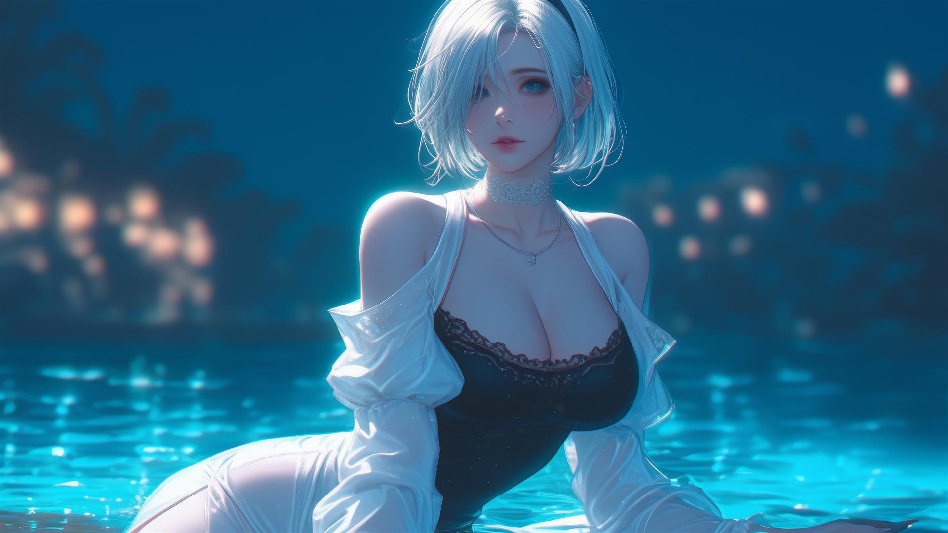 2B from Nier in casual white clothing, sitting by a rainy pool with soft moonlight.
