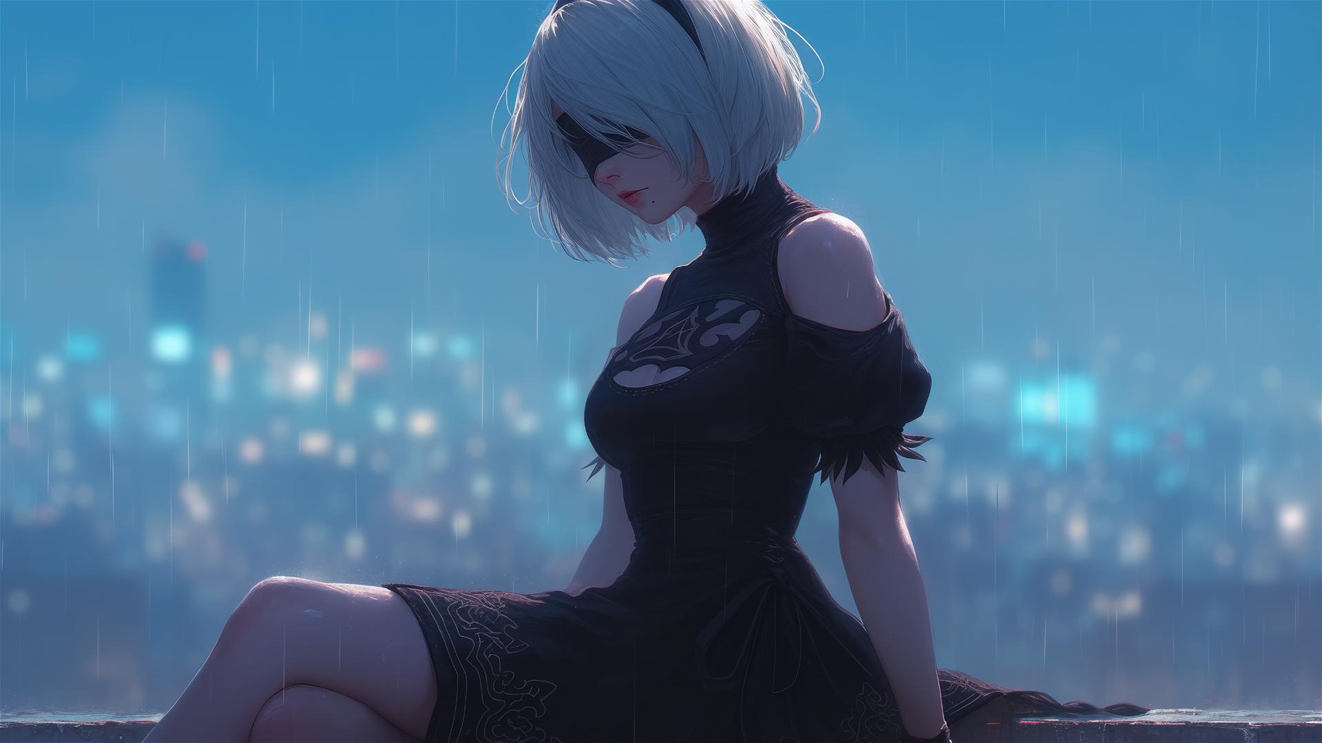 2B from Nier in casual attire resting by a rainy pool under moonlight