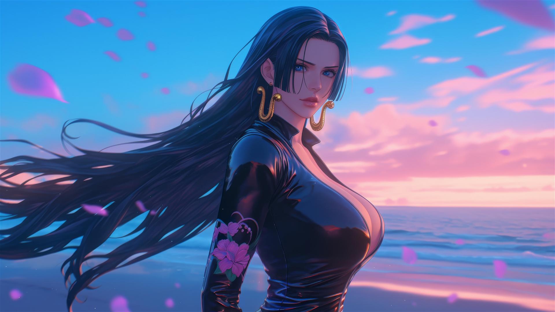 Boa Hancock confidently walking on a beach at sunset, in a black and pink leather outfit, neon pink sky.