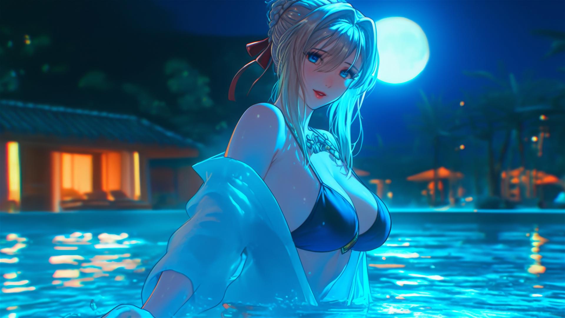Violet Evergarden jumping from pool under moonlight