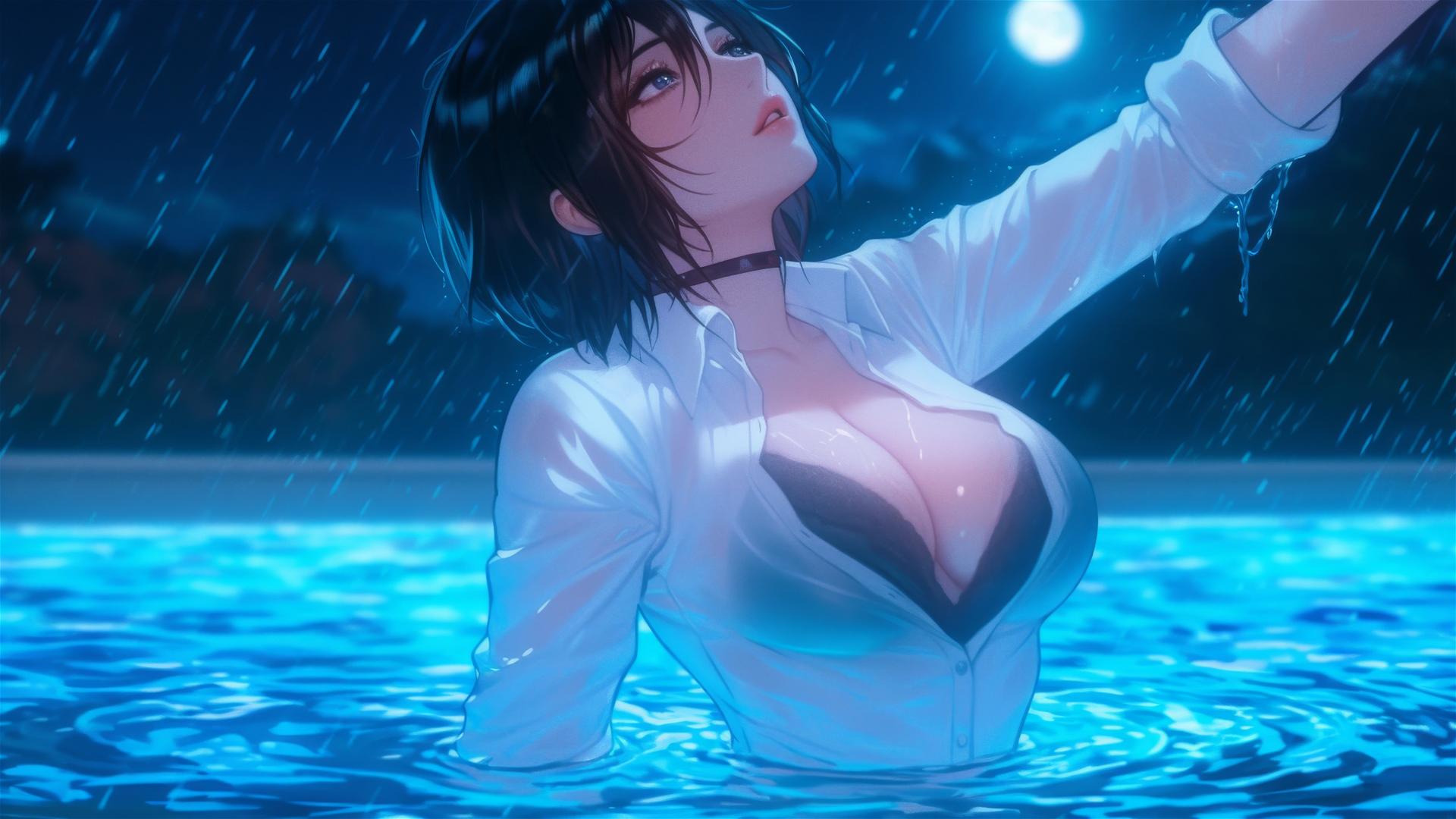 Mikasa Ackerman in white shirt leaps from a moonlit, rainy pool