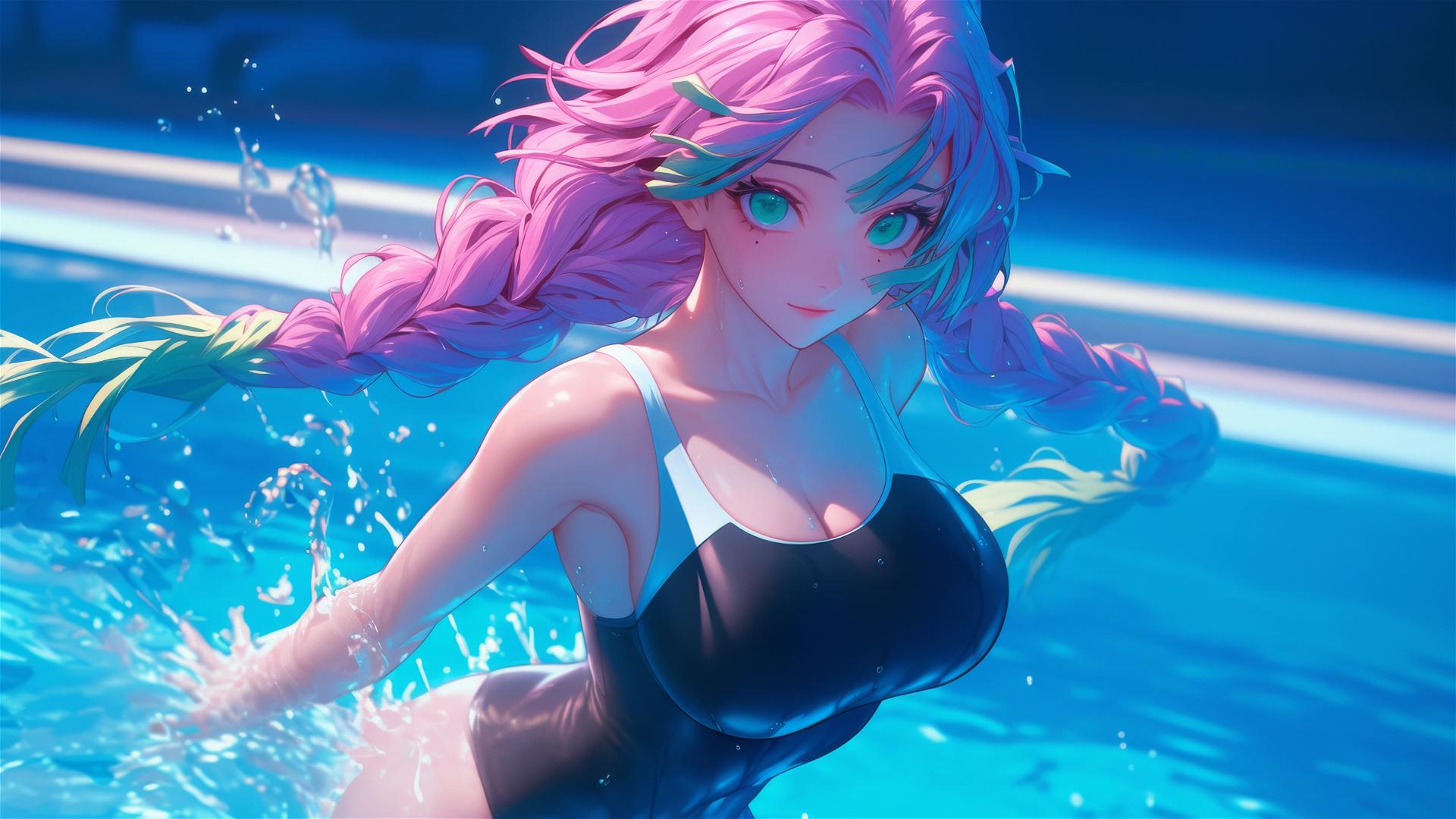 Mitsuri Kanroji from Demon Slayer jumping out of a swimming pool under moonlight glow