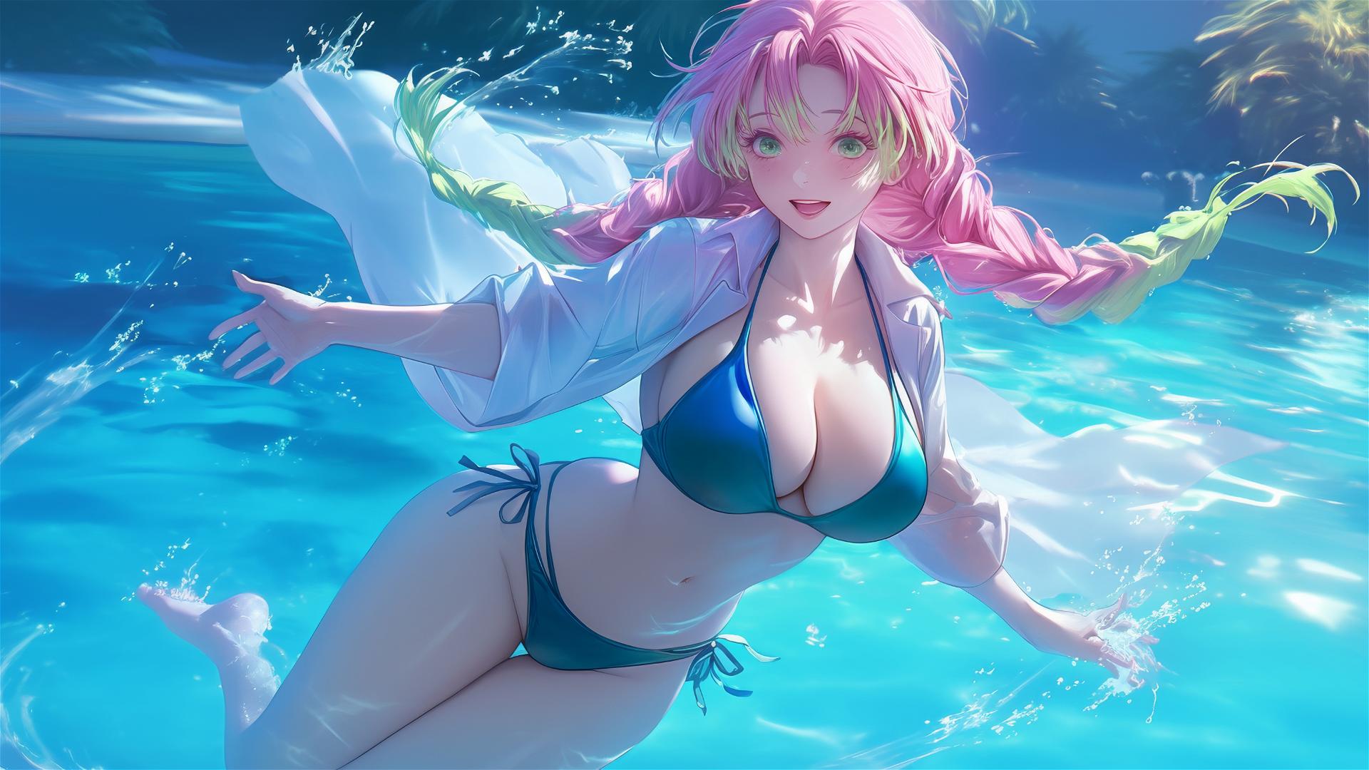 Mitsuri Kanroji leaping from a pool under moonlight, her pink and green hair highlighted.