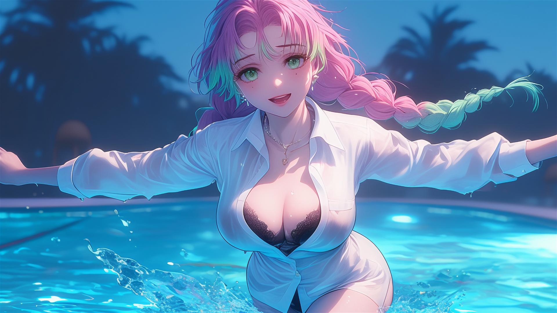 Mitsuri Kanroji with pink and green hair, in a white office shirt, jumping out of a swimming pool under moonlight.