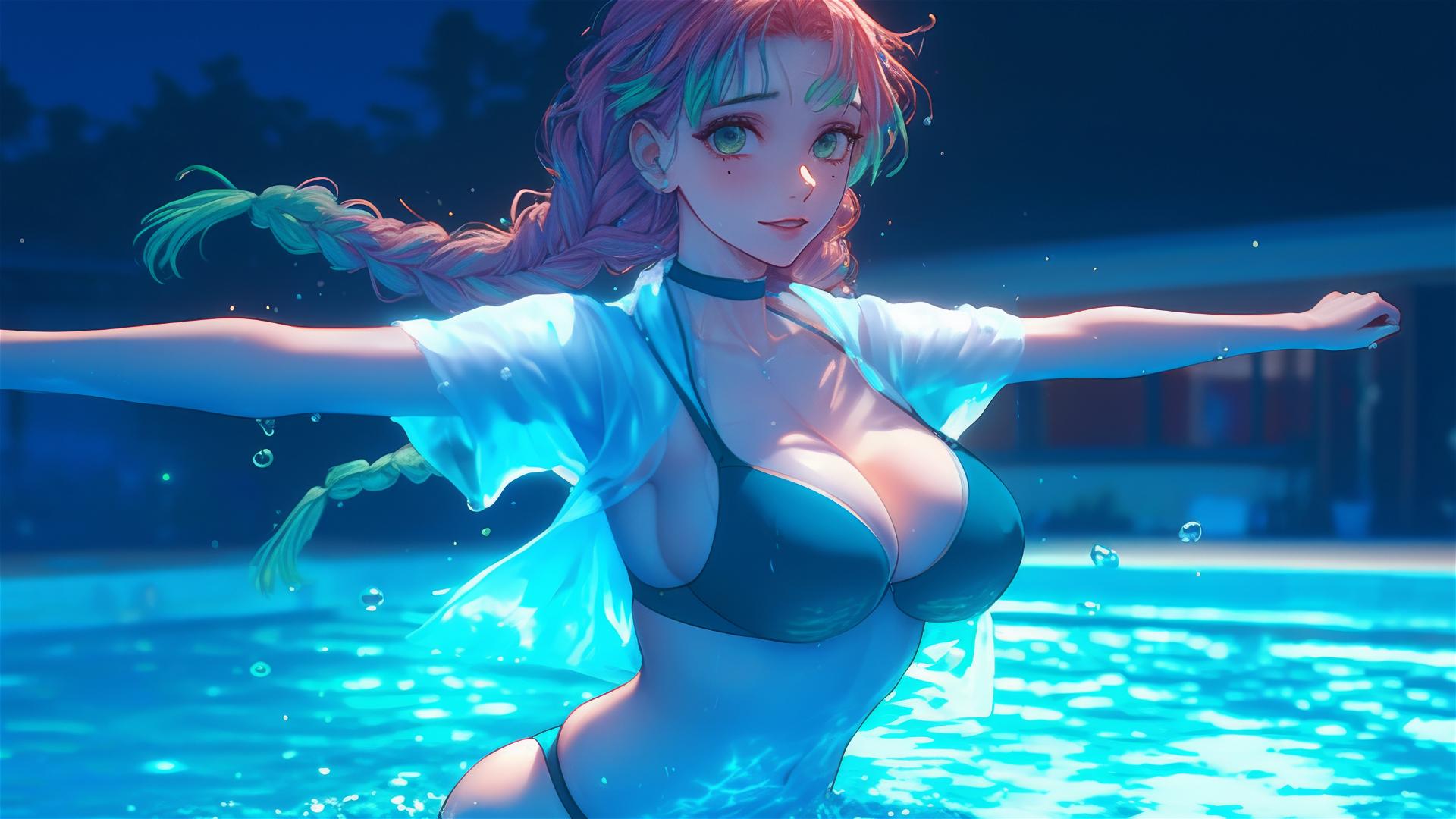 Mitsuri Kanroji from Demon Slayer jumping out of a swimming pool under moonlight