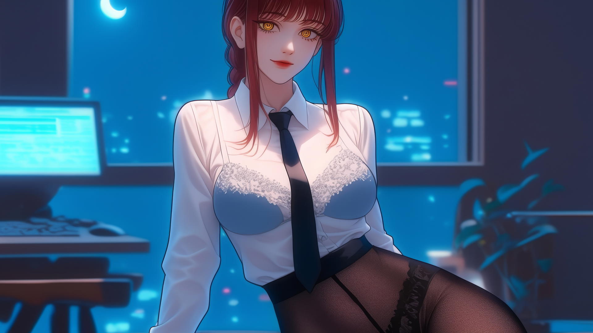 Makima resting in a modern office under moonlight