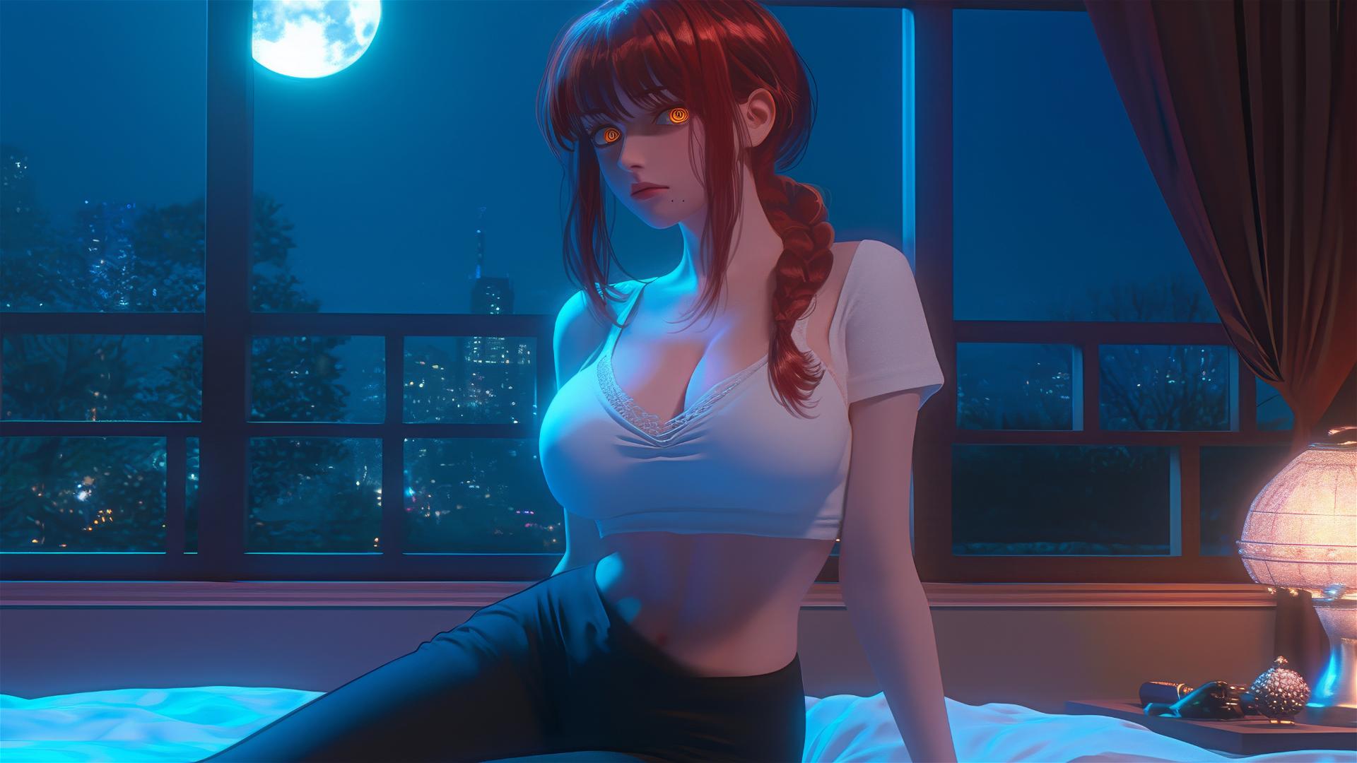Makima sitting elegantly in moonlit room