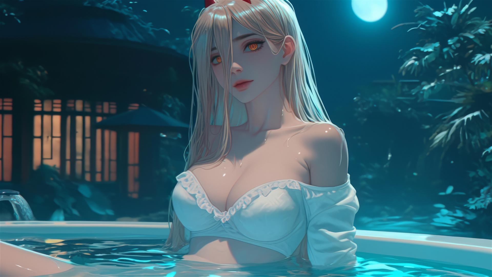 Power from Chainsaw Man in a bathtub with blonde hair, red horns, and yellow eyes, moonlit.