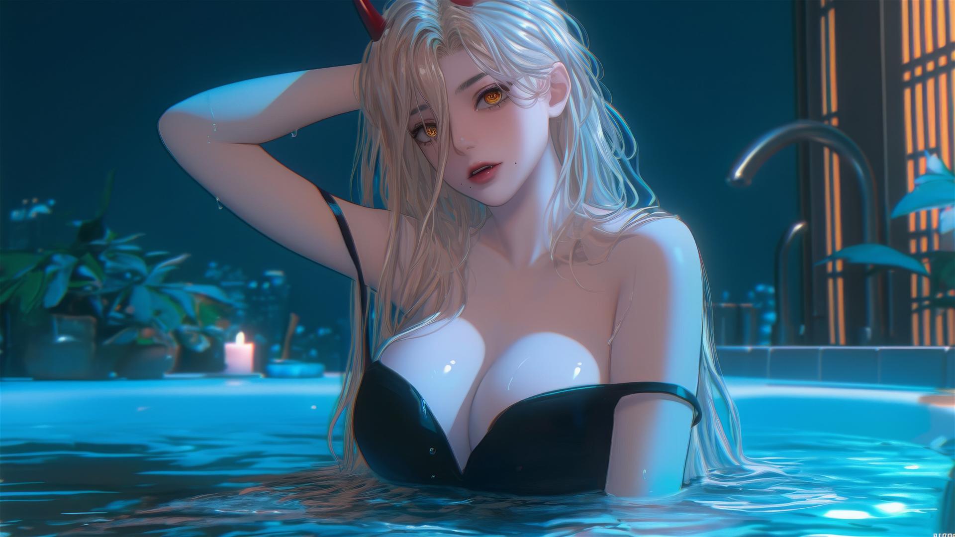 Power from Chainsaw Man in a tub with moonlight casting a soft glow, blonde hair, light red horns, and yellow eyes.