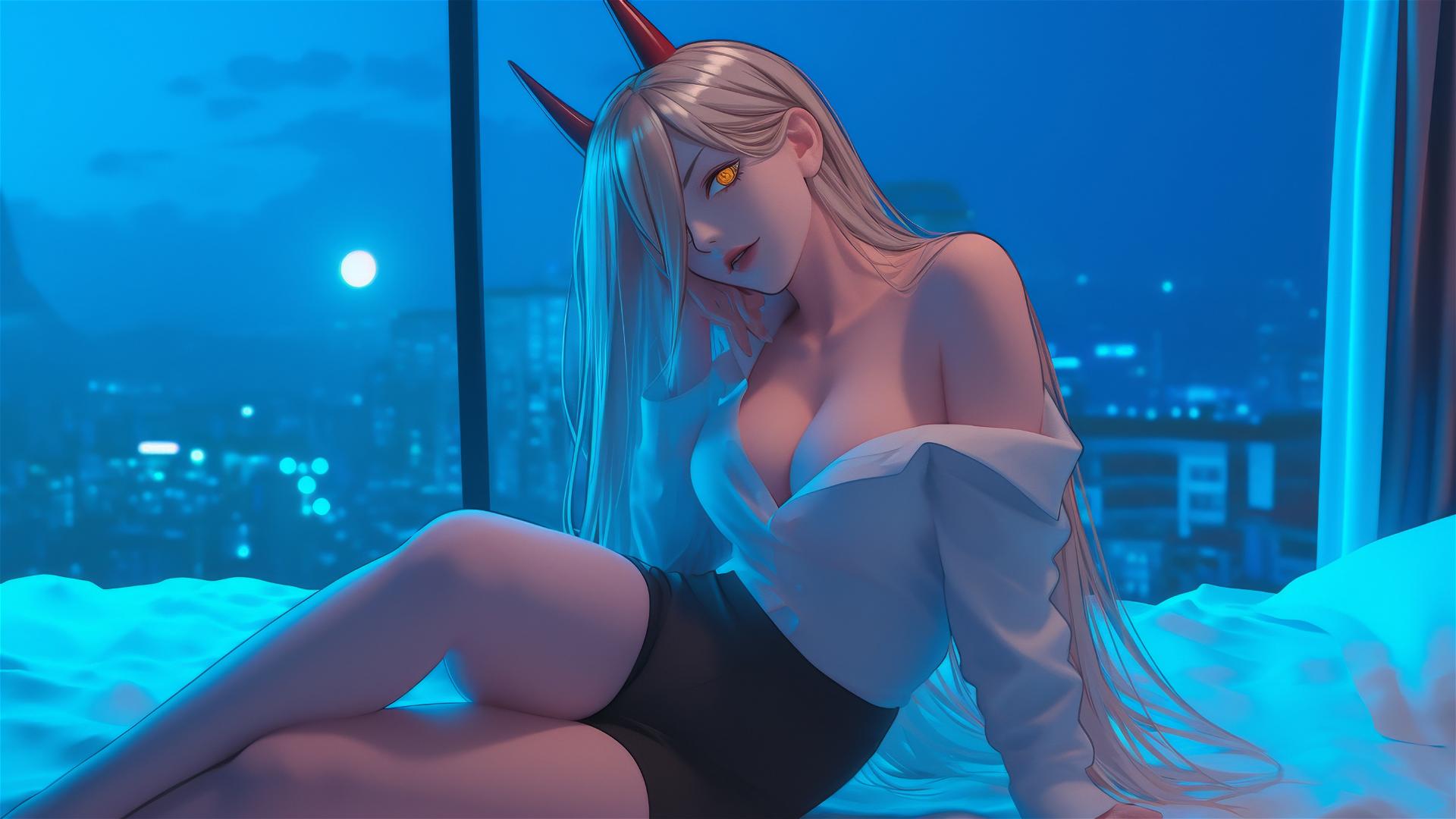 Power from Chainsaw Man relaxing in a modern hotel room, with blonde hair, light red horns, and yellow eyes, illuminated by moonlight.