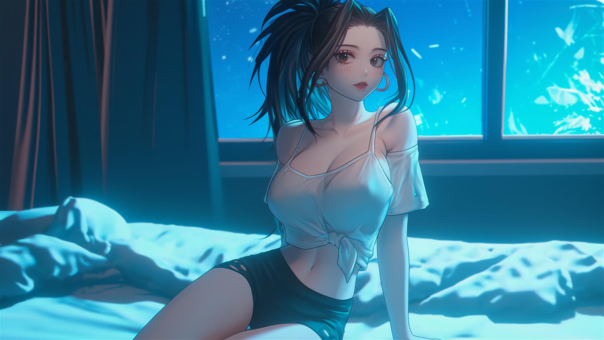 Momo Yaoyorozu in modern hotel room with neon light glow