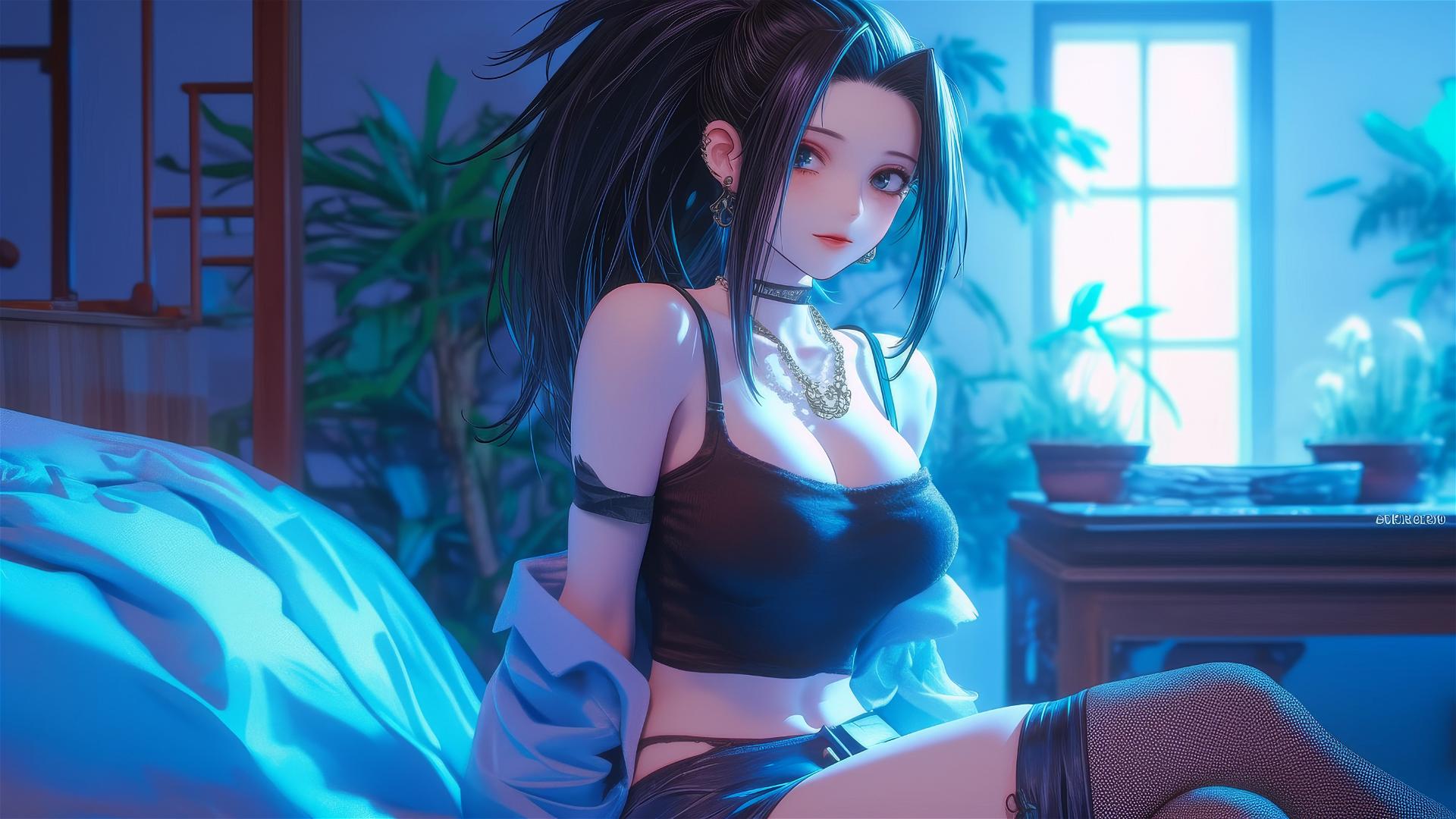 Momo Yaoyorozu from My Hero Academia in a modern hotel room with neon lighting