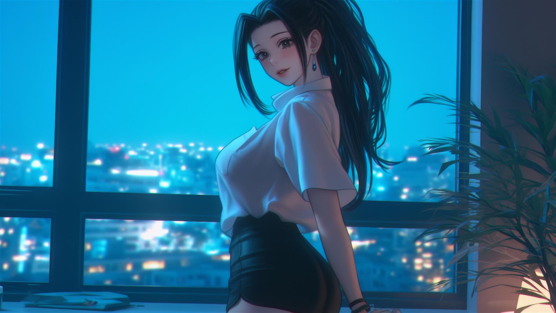 Momo Yaoyorozu in white office shirt at a modern hotel with soft neon light