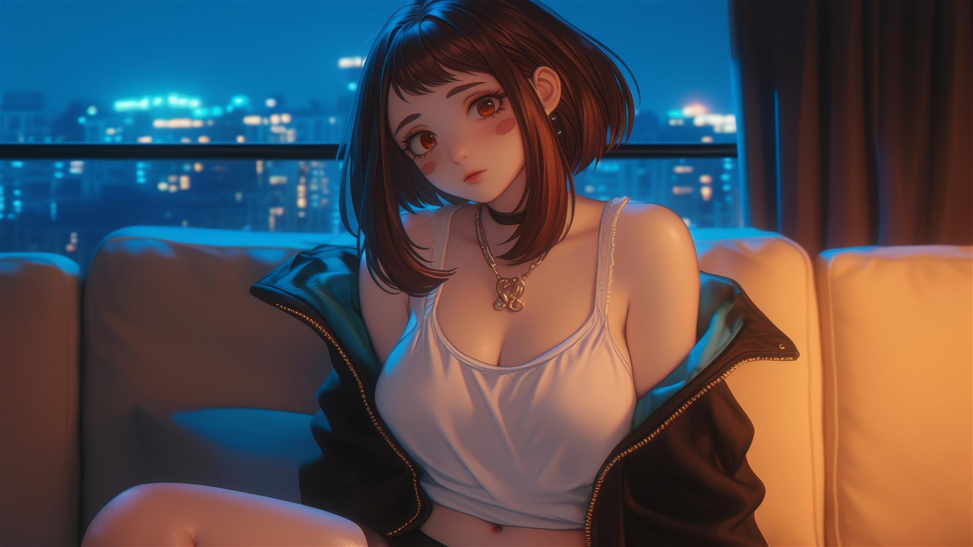 Ochaco Uraraka in a modern hotel room with neon light, auburn hair and eyes