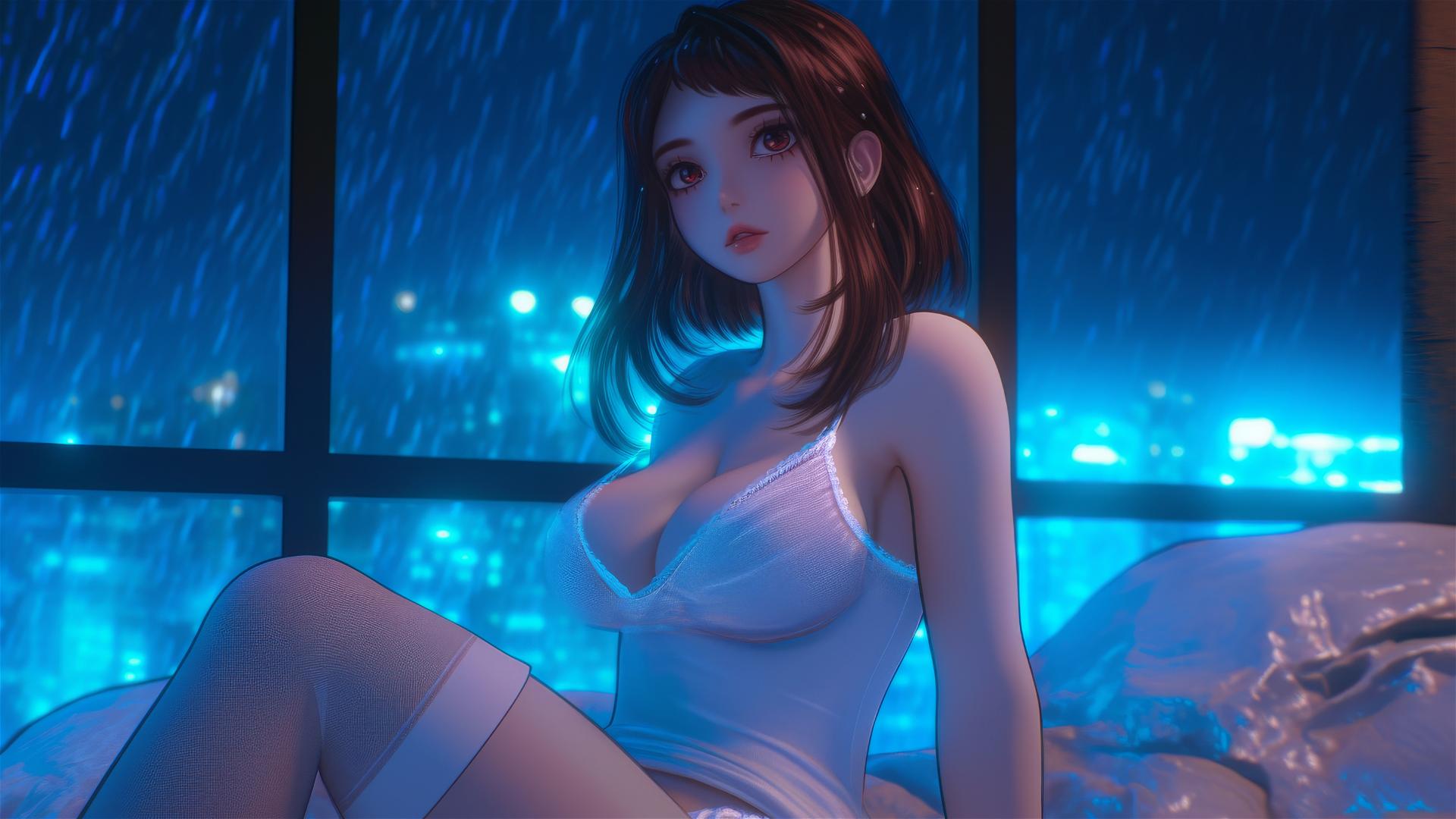 Ochaco Uraraka in a modern hotel room with neon lighting casting a soft glow.