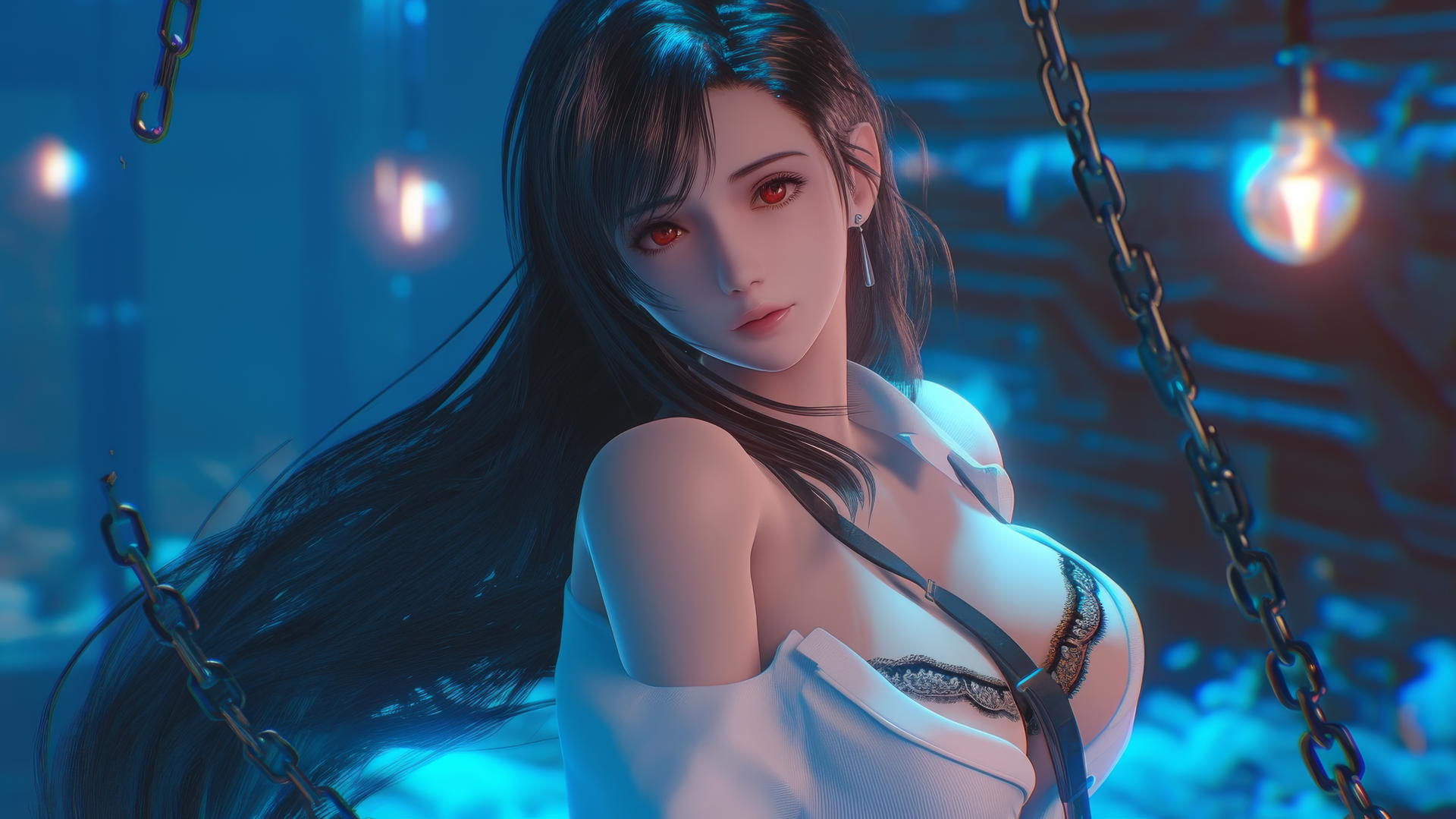 Tifa Lockhart in a white office shirt, bound by iron chains in a dark basement with neon light
