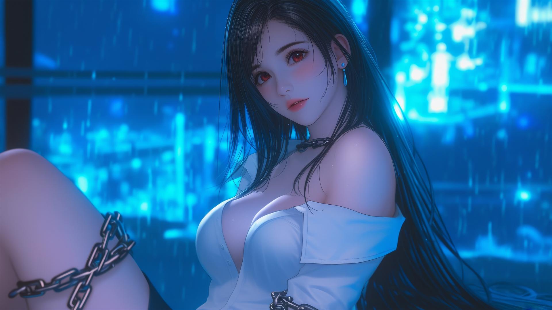 Tifa Lockhart in chains wearing a white office shirt in a neon-lit hotel room