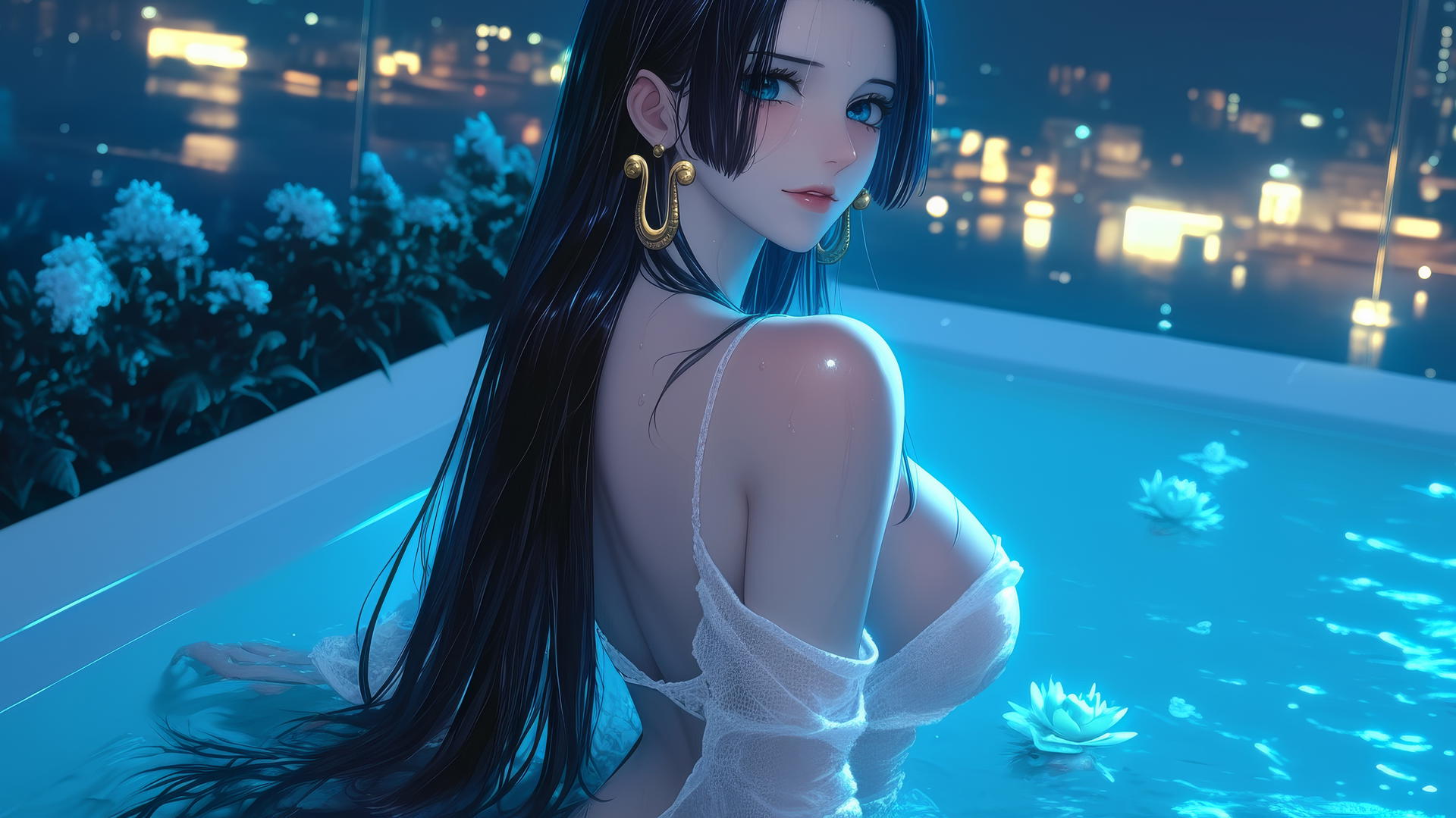Boa Hancock from One Piece in a modern apartment at sunrise, wearing white, with soft neon light glow.