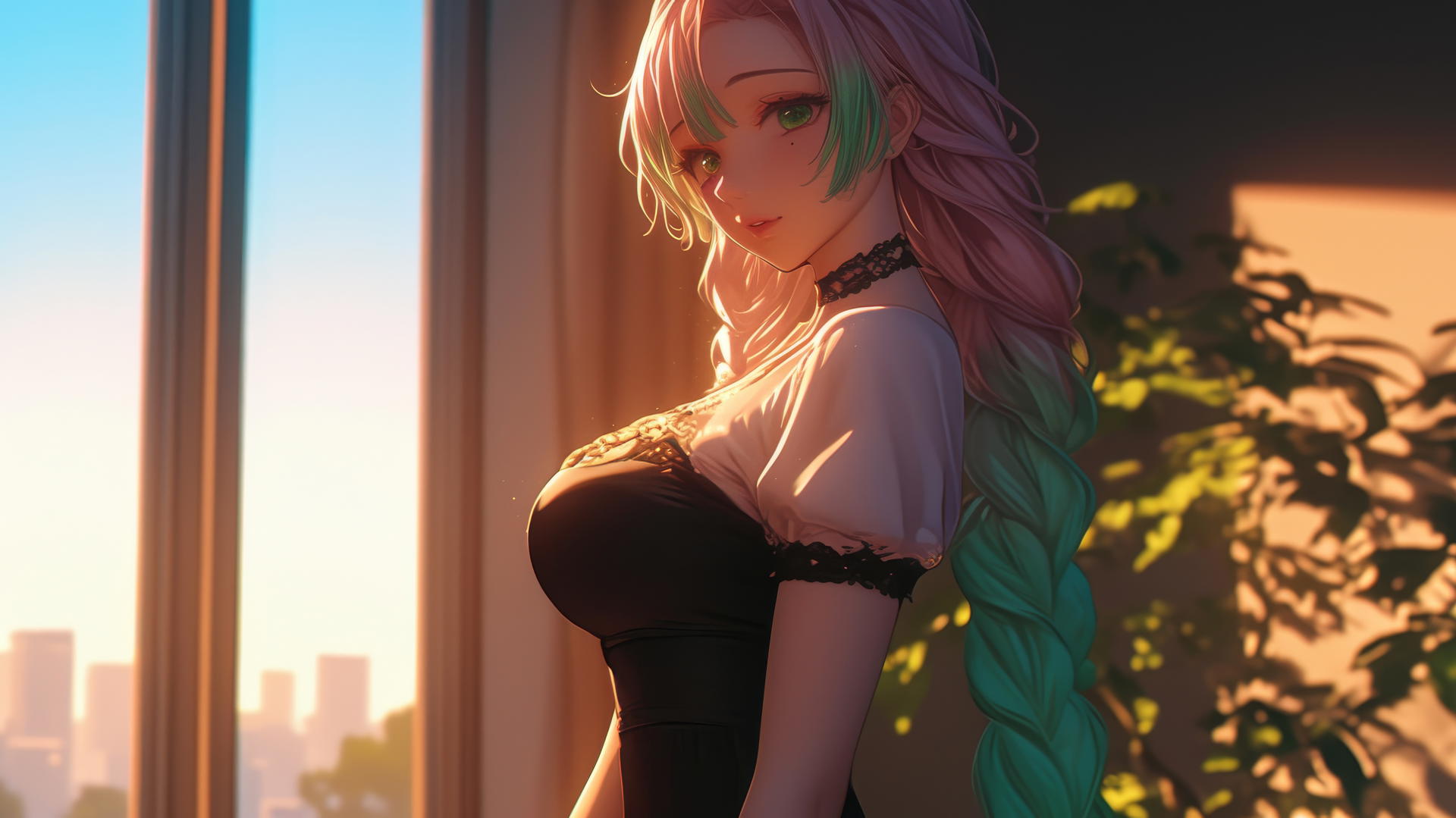 Mitsuri Kanroji from Demon Slayer stands by modern apartment window at sunrise.