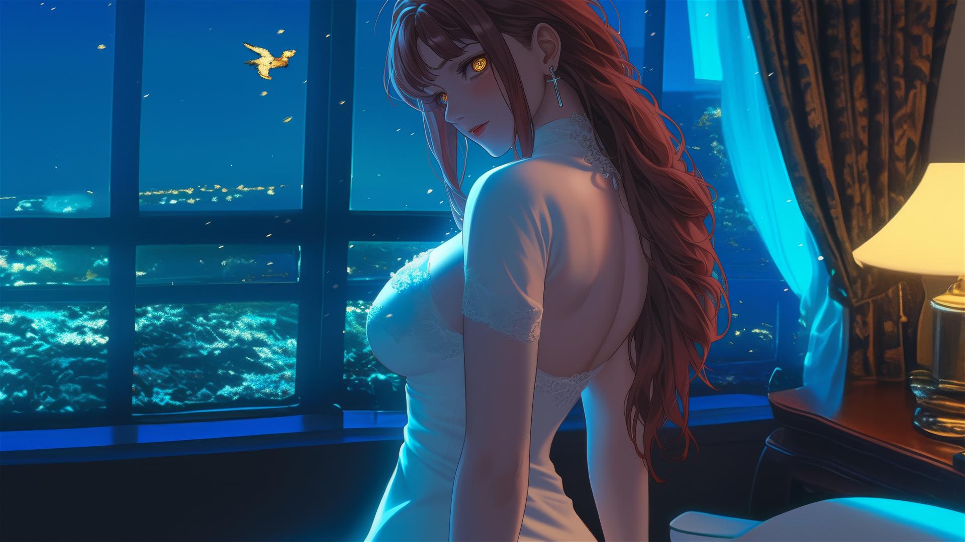 Makima from Chainsaw Man in Christmas red style in a modern festive hotel room