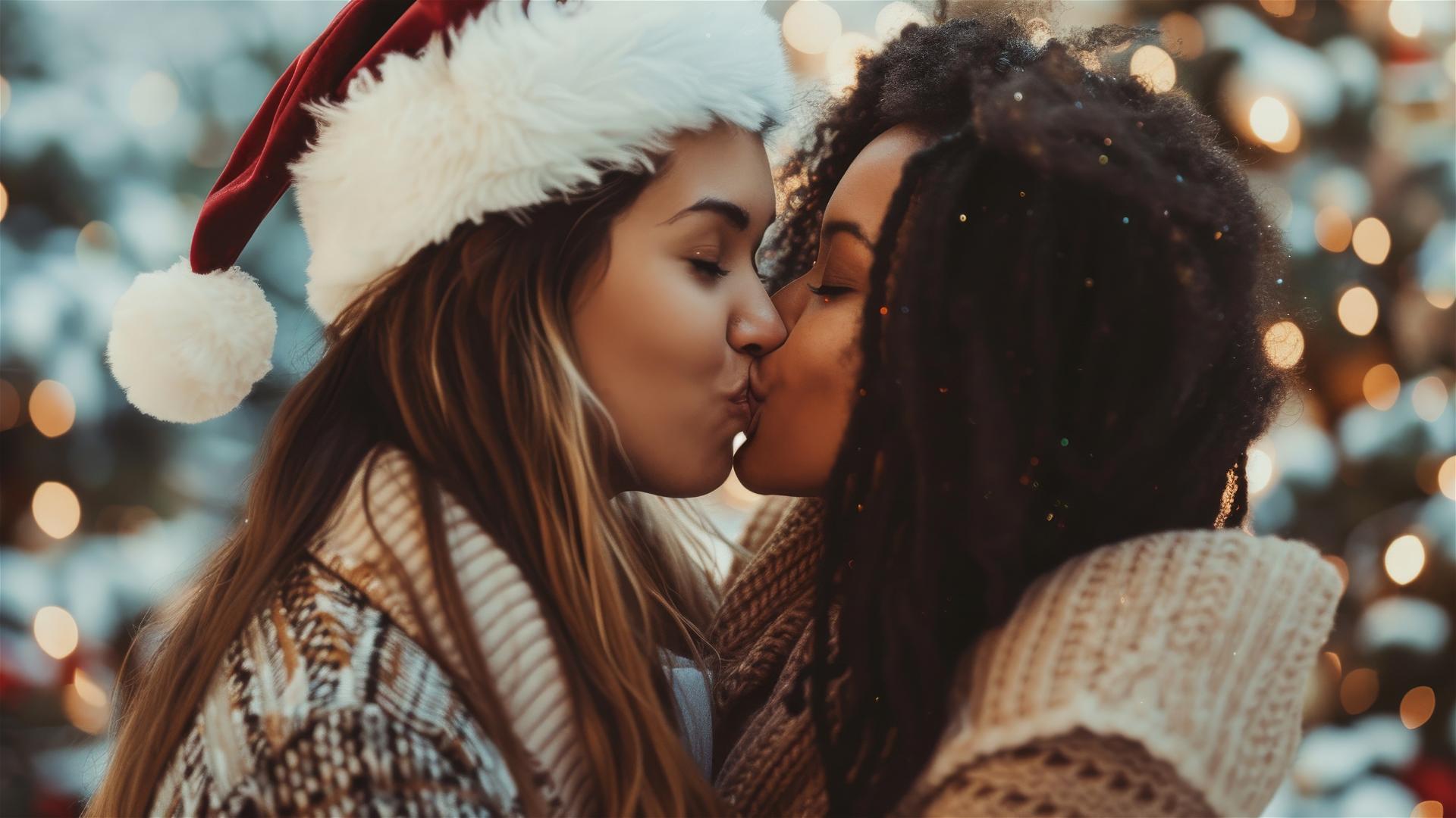 Two women kissing in Christmas outfits