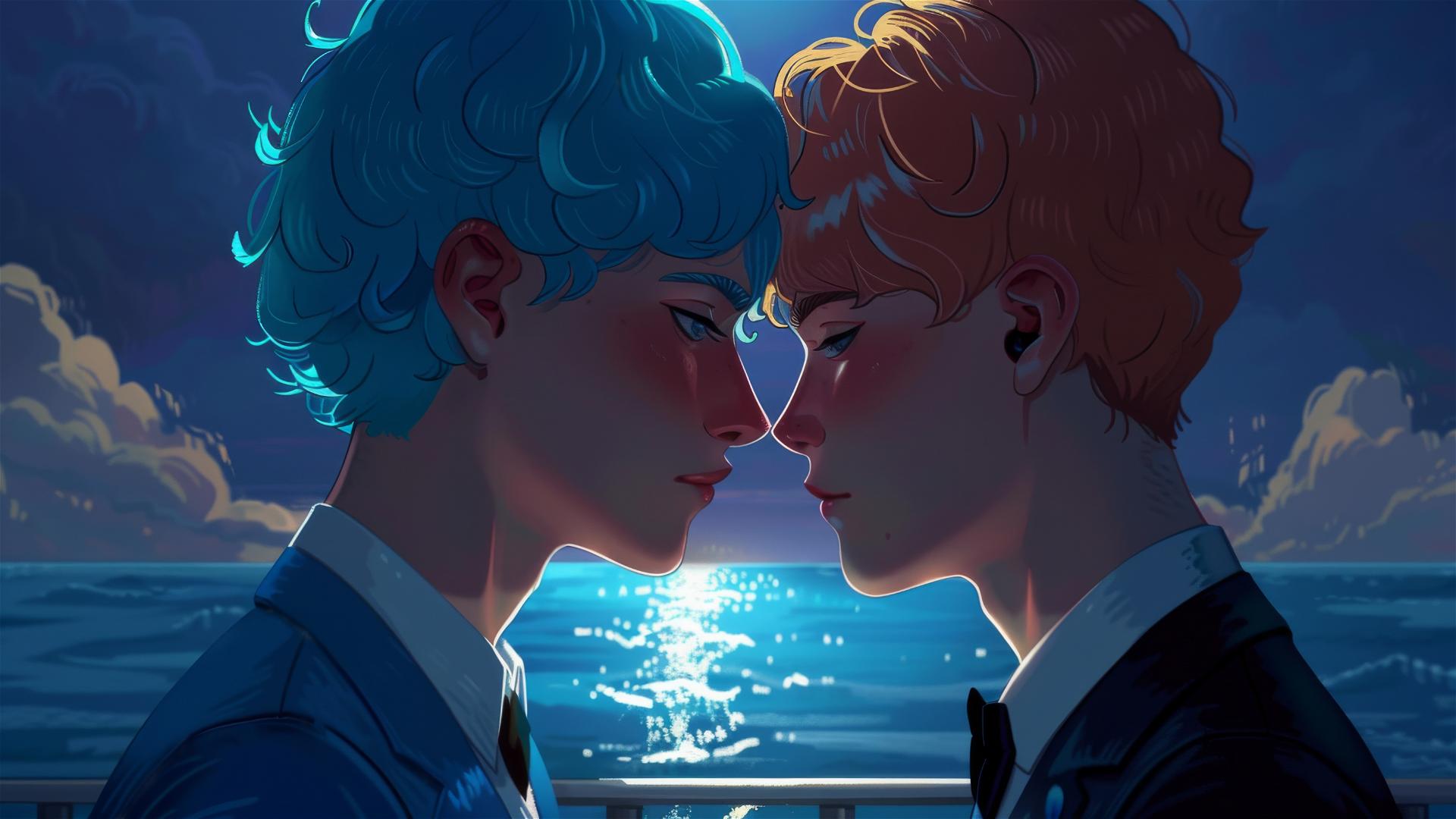 YA romance cover with two 17-year-old boys in suits on a cruise deck, almost kissing under a night sky.
