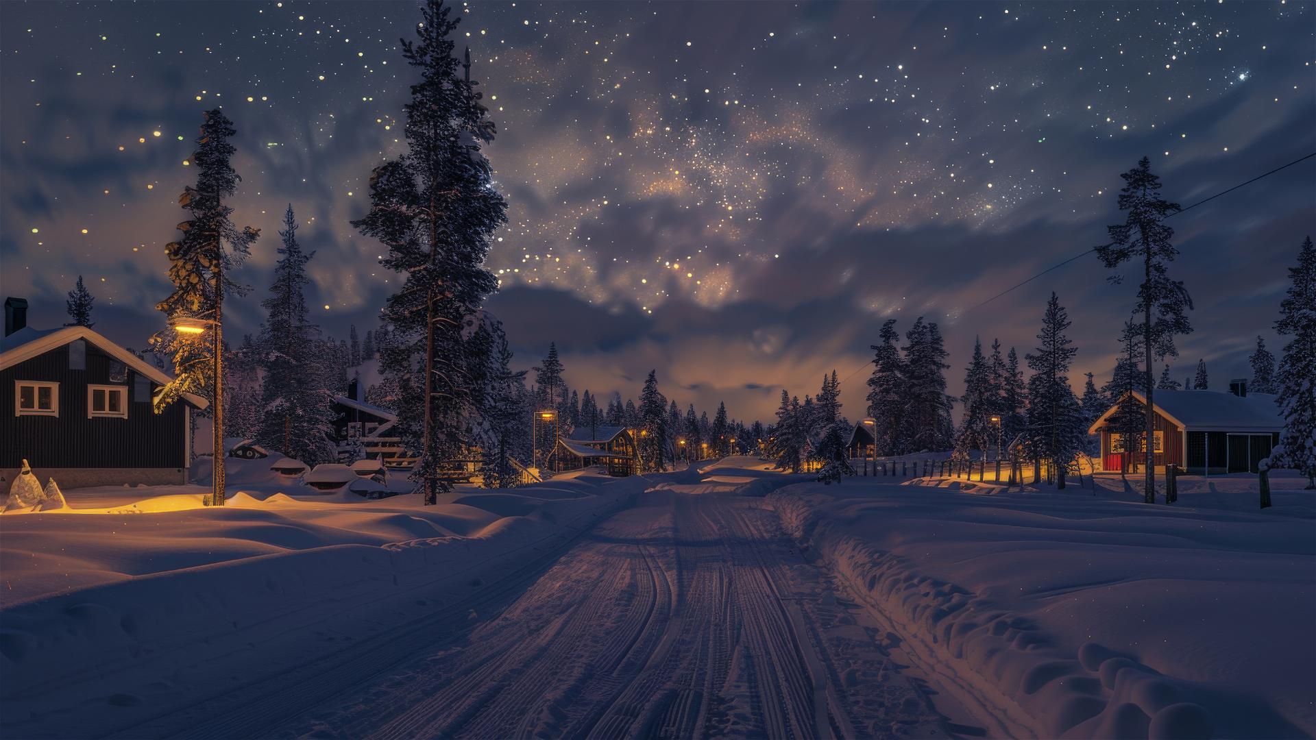 Nordic night scene with aurora, village, reindeer, sled dogs, snow and mountains.